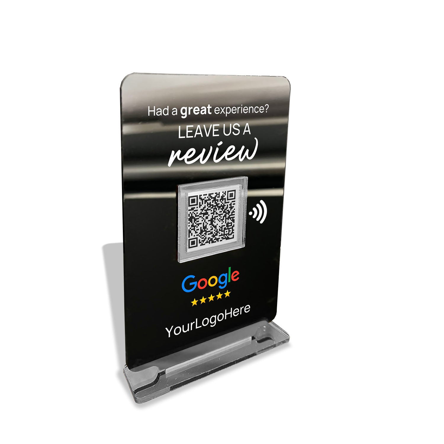 Smart-Tap, Google Review Table Talker με NFC/QR Code, T-Shape Small με το λογότυπό σας. Μαύρο με ασημένια διακοσμητικά