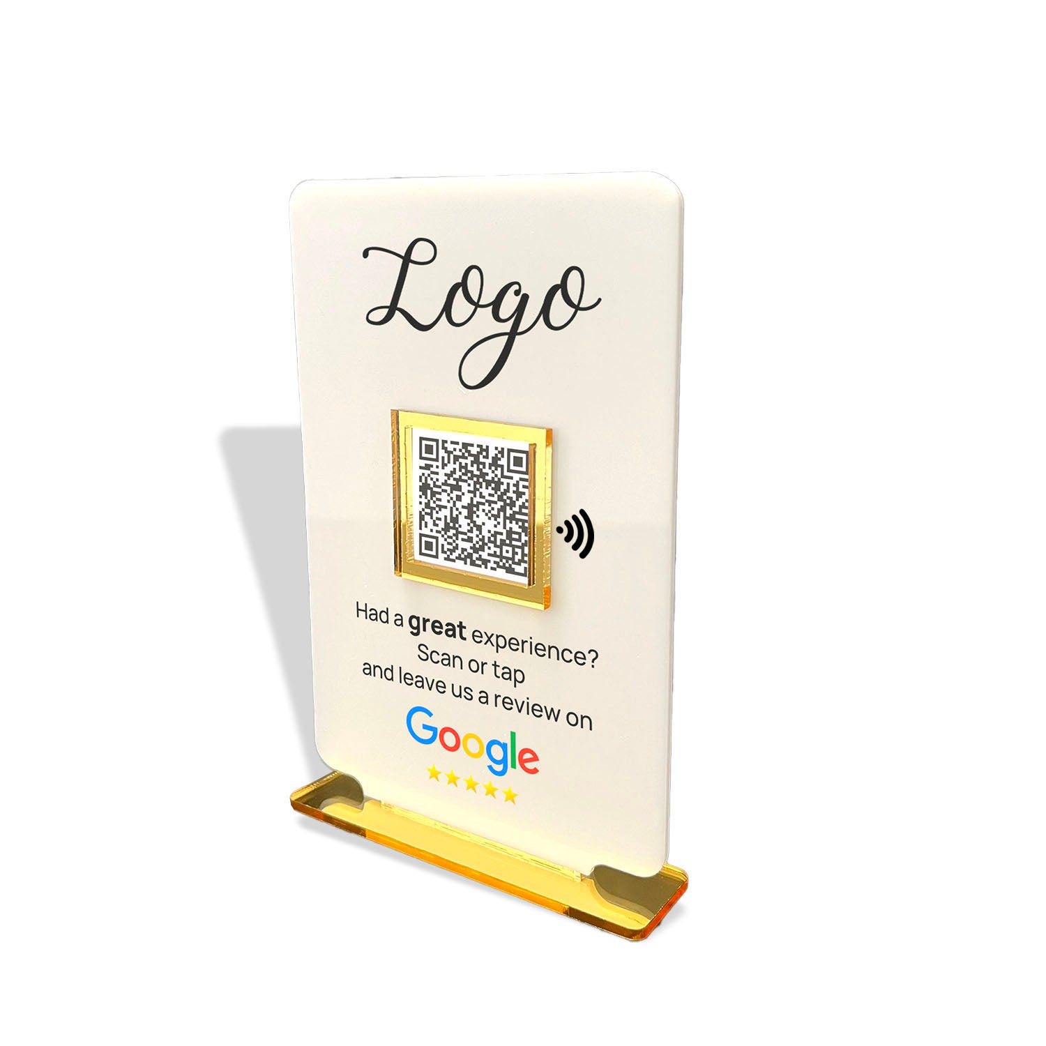 Smart-Tap, Google Review Table Talker με NFC/QR Code, T-Shape Small με το λογότυπό σας. Άσπρο με χρυσά διακοσμητικά