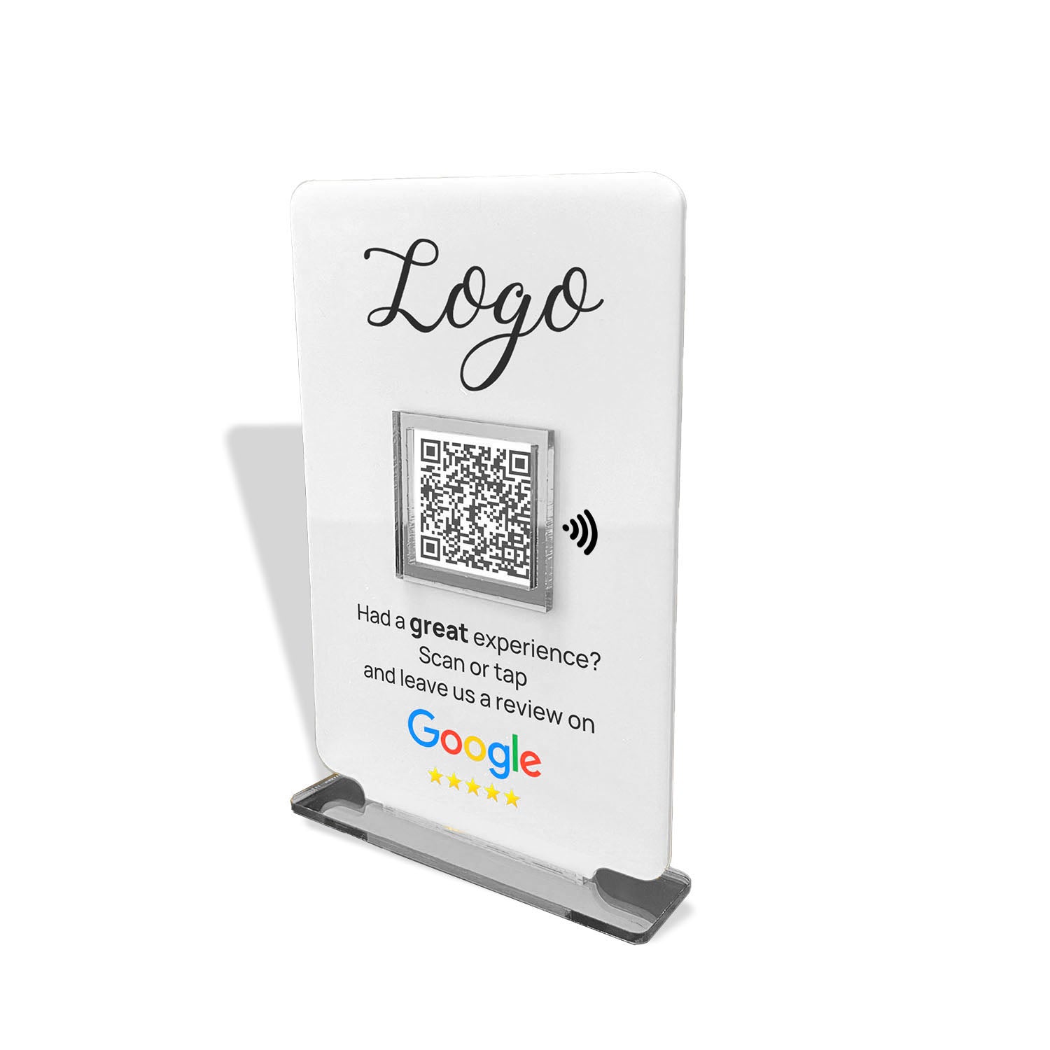 Smart-Tap, Google Review Table Talker με NFC/QR Code, T-Shape Small με το λογότυπό σας. Άσπρο με ασημένια διακοσμητικά