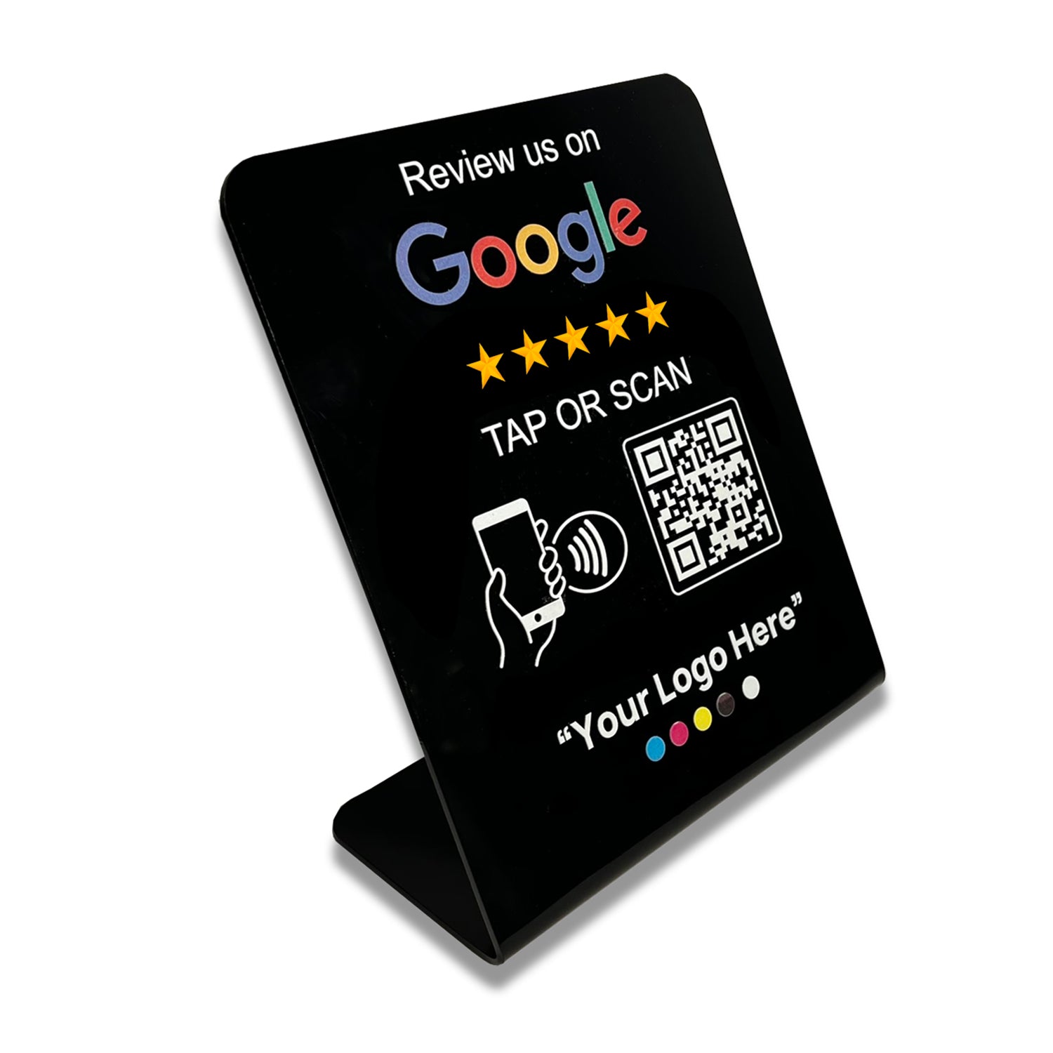 Smart-Tap, Google Review Table Talker με NFC/QR Code L-Shape Black με το λογότυπό σας. Μεγάλο με έγχρωμη εκτύπωση