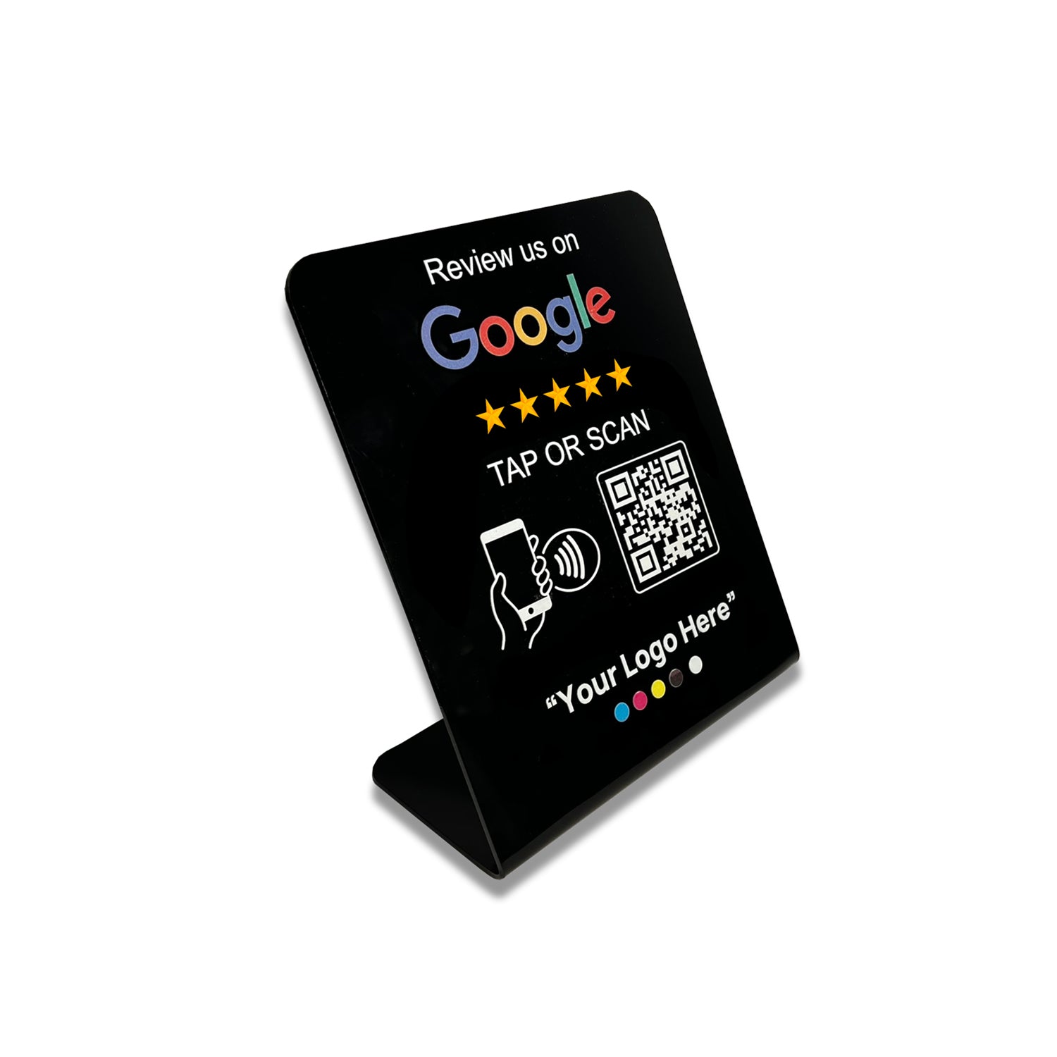 Smart-Tap, Google Review Table Talker με NFC/QR Code L-Shape Black με το λογότυπό σας. Μικρό με έγχρωμη εκτύπωση
