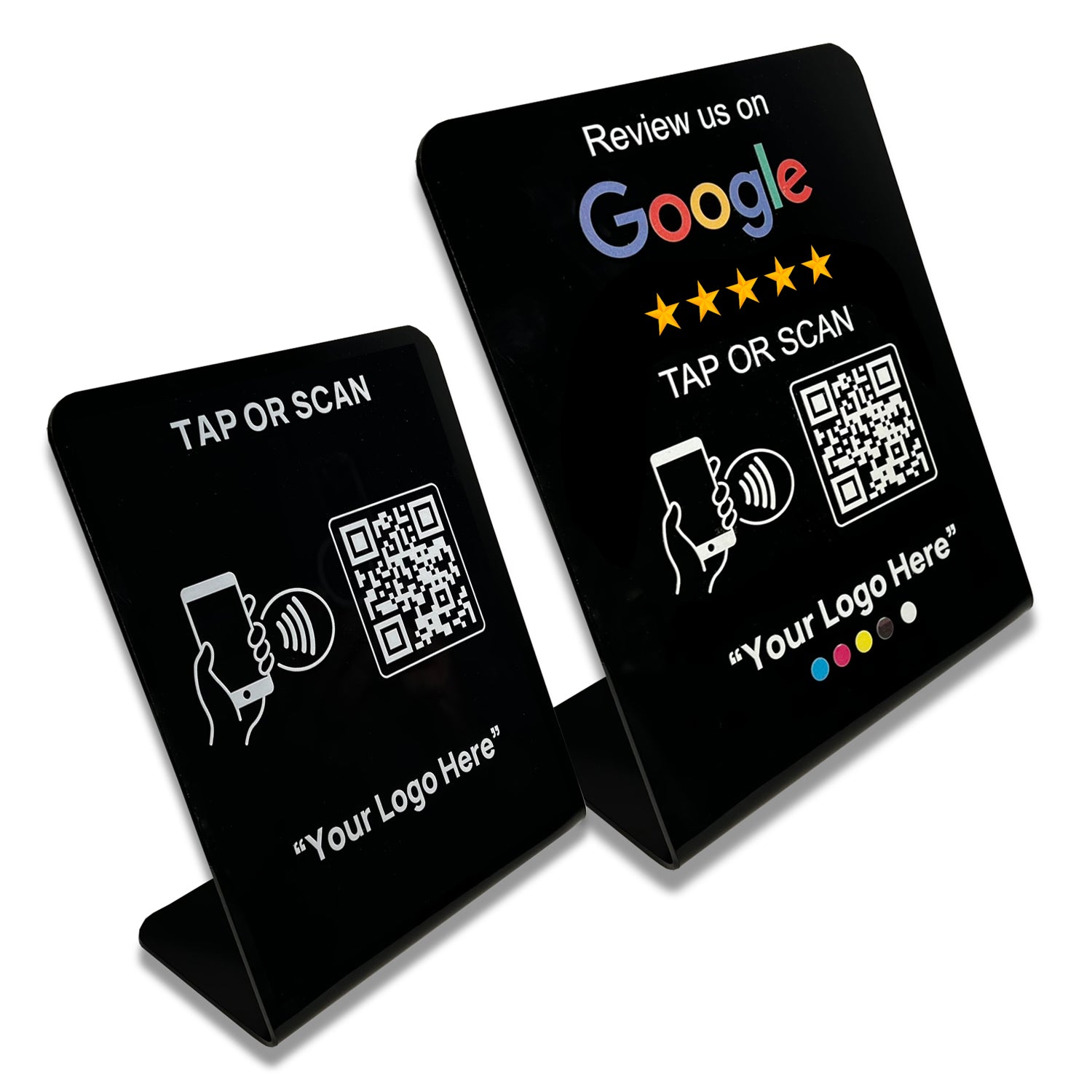 Smart-Tap, Google Review Table Talker με NFC/QR Code L-Shape Black με το λογότυπό σας. Μεγάλο με έγχρωμη εκτύπωση