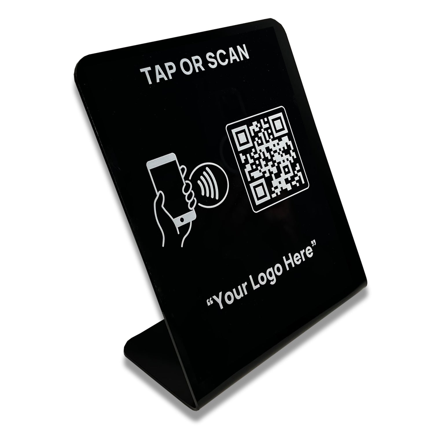 Smart-Tap, Google Review Table Talker με NFC/QR Code L-Shape Black με το λογότυπό σας. Μεγάλο με άσπρη εκτύπωση.