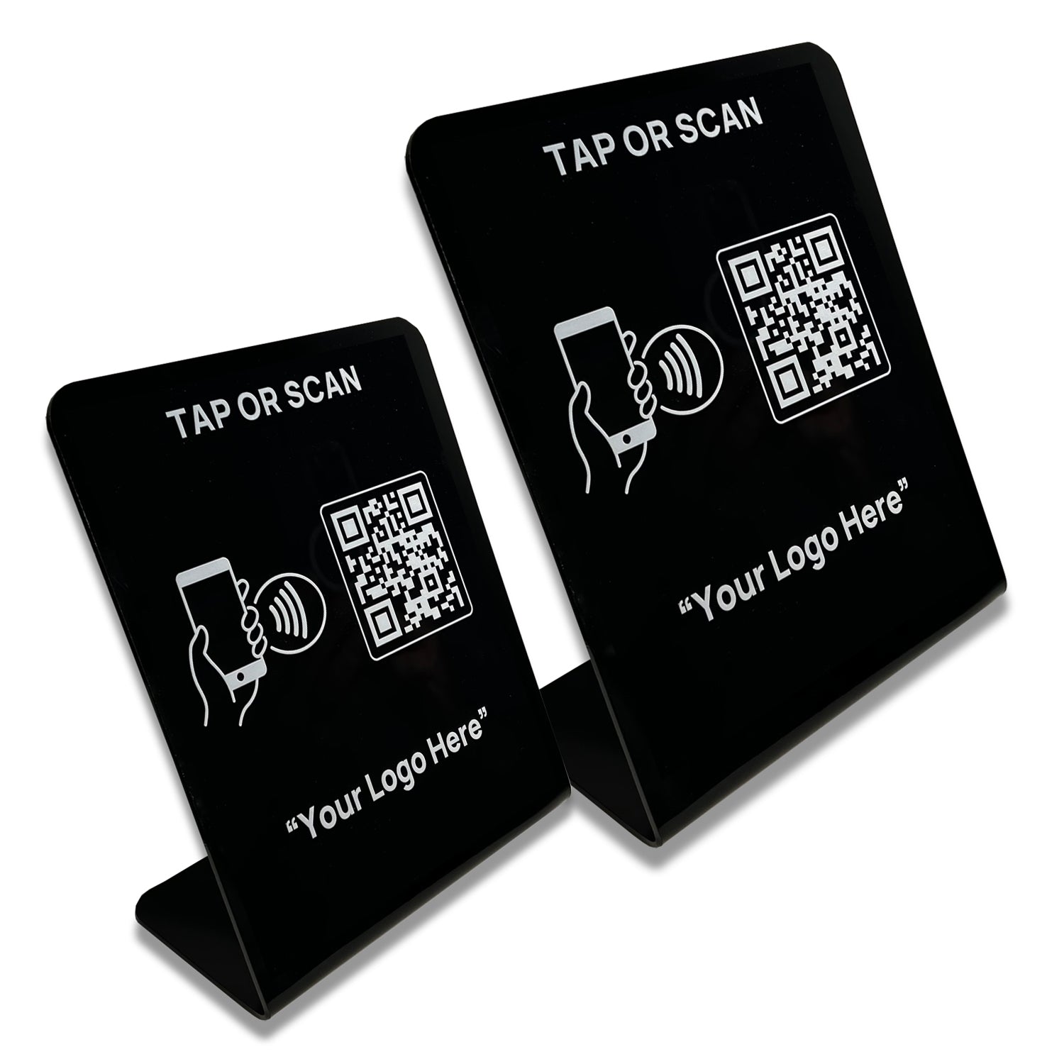 Smart-Tap, Google Review Table Talker με NFC/QR Code L-Shape Black με το λογότυπό σας. Μικρό και μεγάλο με άσπρη εκτύπωση.