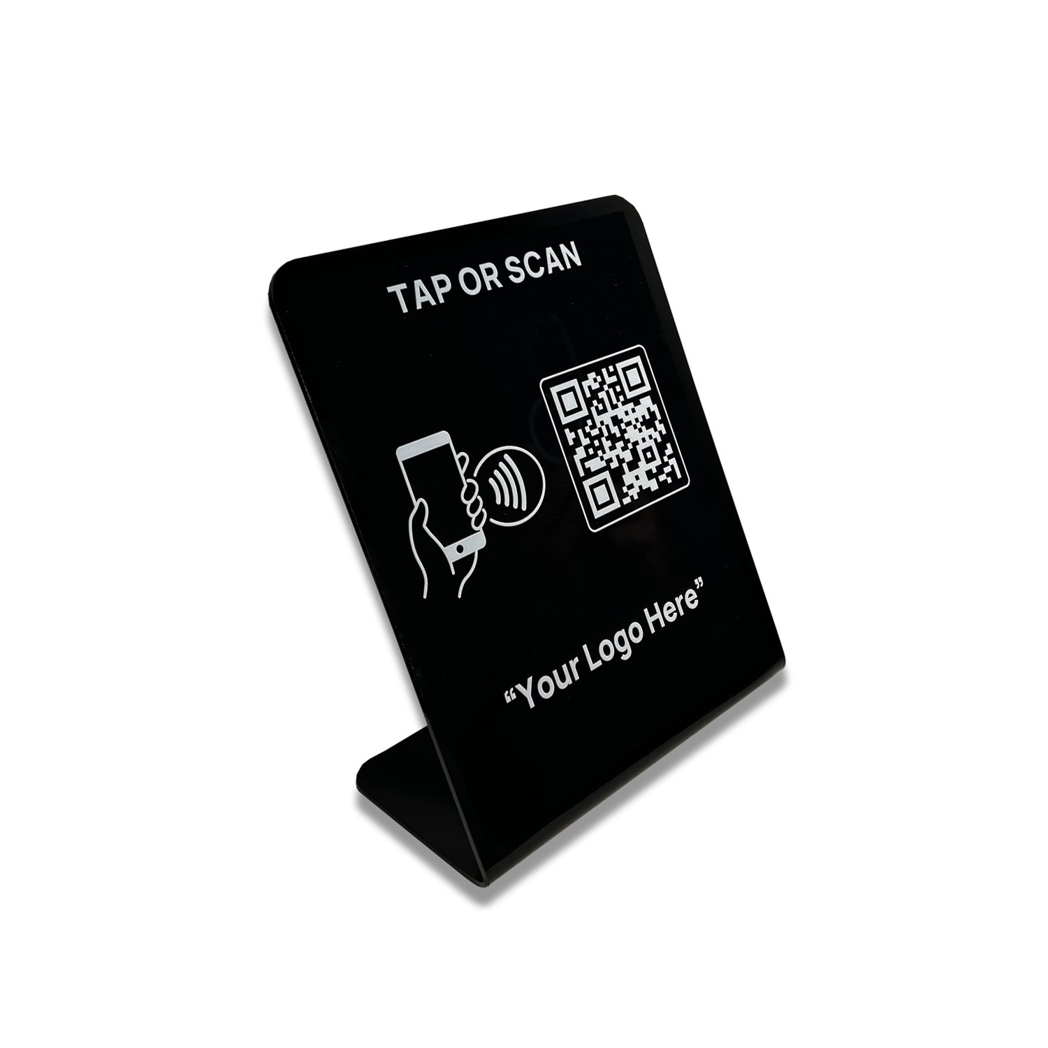 Smart-Tap, Google Review Table Talker με NFC/QR Code L-Shape Black με το λογότυπό σας. Μικρό με άσπρη εκτύπωση.