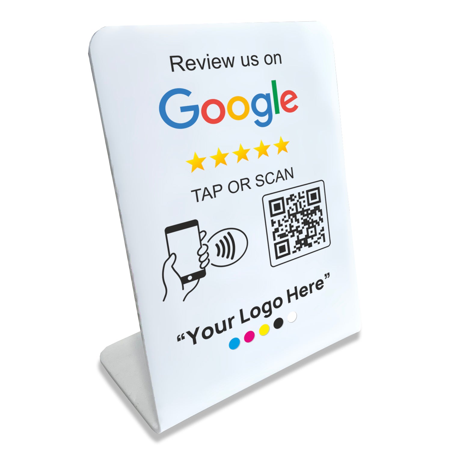 Smart-Tap, Google Review Table Talker με NFC/QR Code L-Shape White με το λογότυπό σας. Μεγάλο με έγχρωμη εκτύπωση