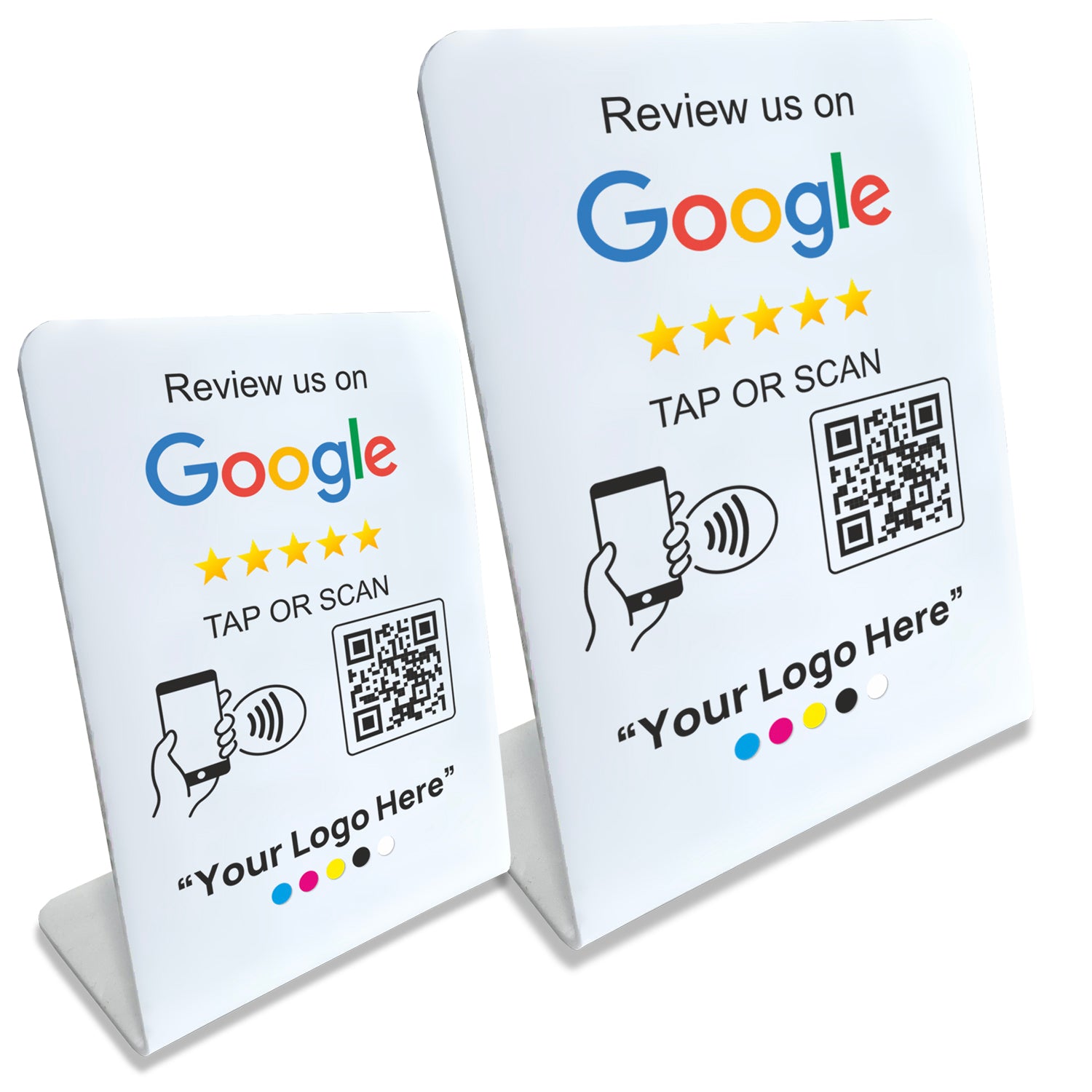 Smart-Tap, Google Review Table Talker με NFC/QR Code L-Shape White με το λογότυπό σας. Μικρό και μεγάλο με έγχρωμη εκτύπωση