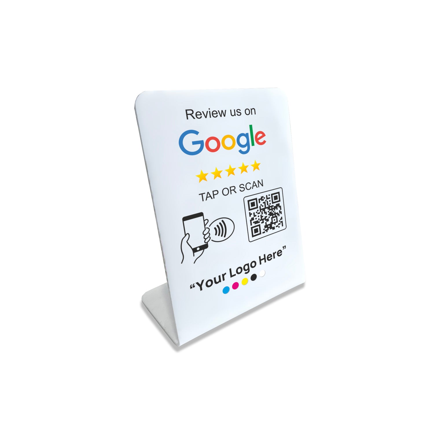 Smart-Tap, Google Review Table Talker με NFC/QR Code L-Shape White με το λογότυπό σας. Μικρό με έγχρωμη εκτύπωση