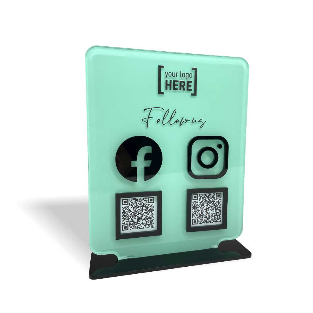 Smart-Tap, Google Review Table Talker 2-Links με NFC/QR Code, T-Shape με χρωματιστό αυτοκόλλητο, με το λογότυπό σας. Τυρκουάζ με μαύρα διακοσμητικά