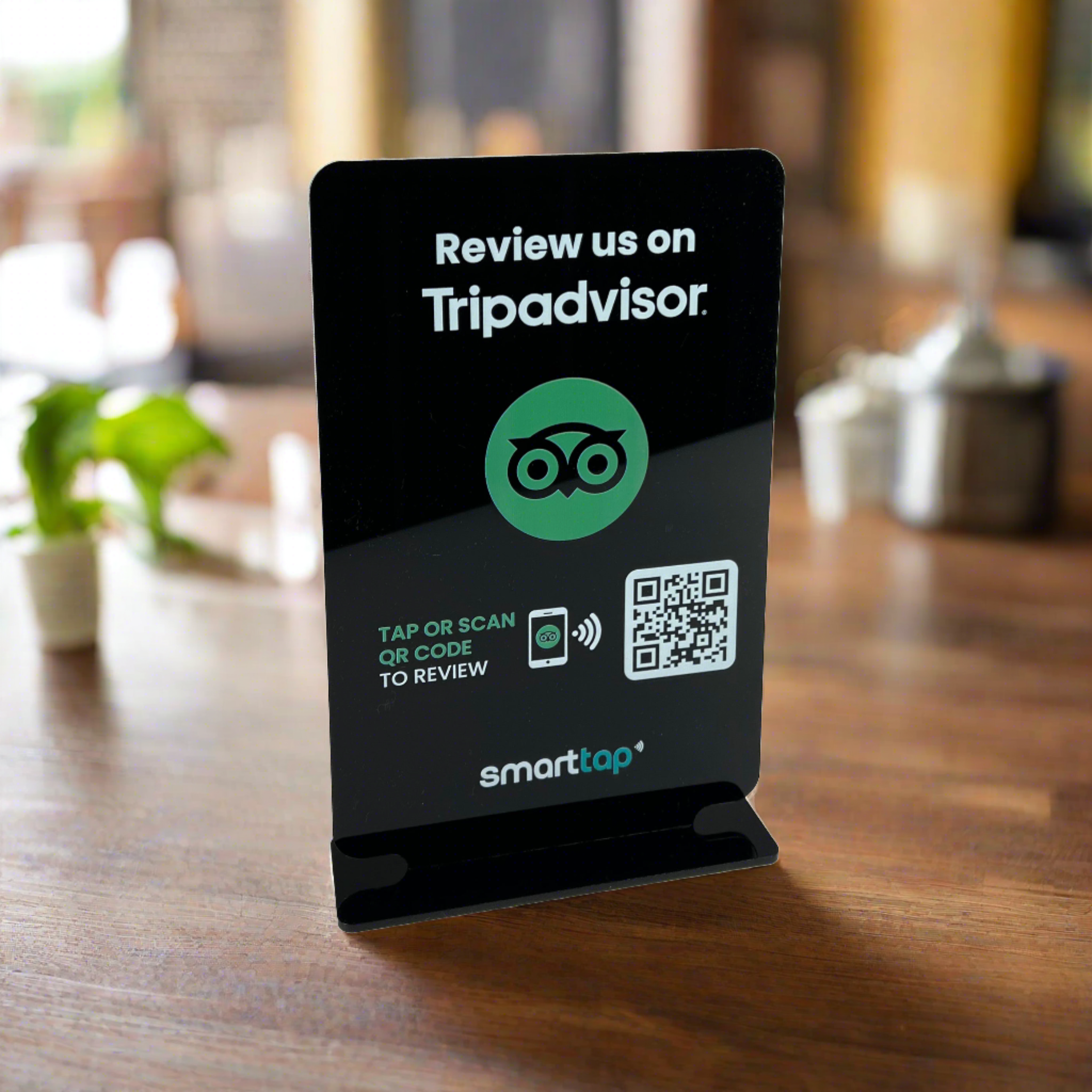 Smart-Tap, Google Review Table Talker με NFC/QR Code, T-Shape χωρίς το λογότυπο σας. Μεγάλο σε μαύρο χρώμα.