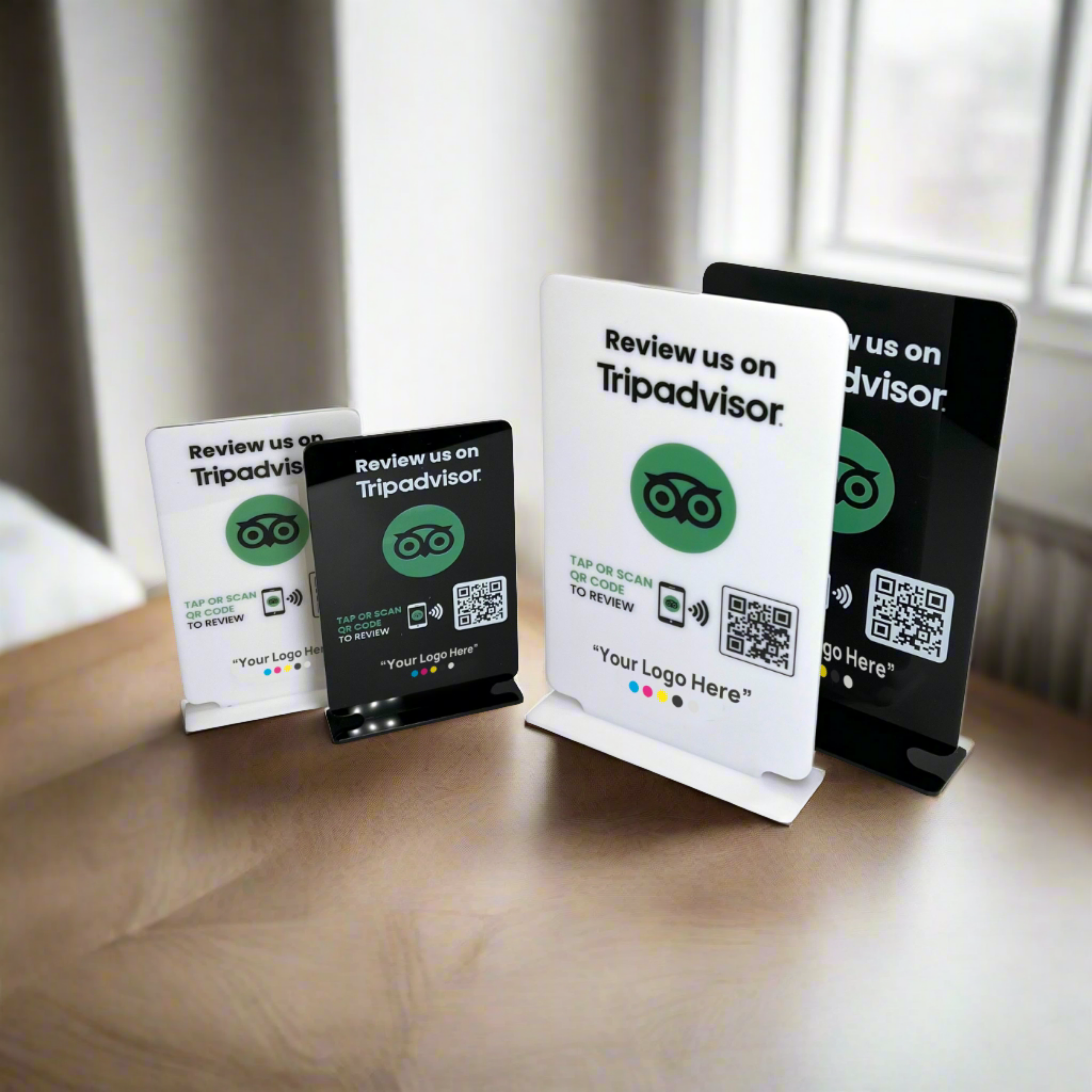 Smart-Tap, Google Review Table Talker με NFC/QR Code, T-Shape με το λογότυπο σας. Μικρό και μεγάλο. Άσπρο και μαύρο