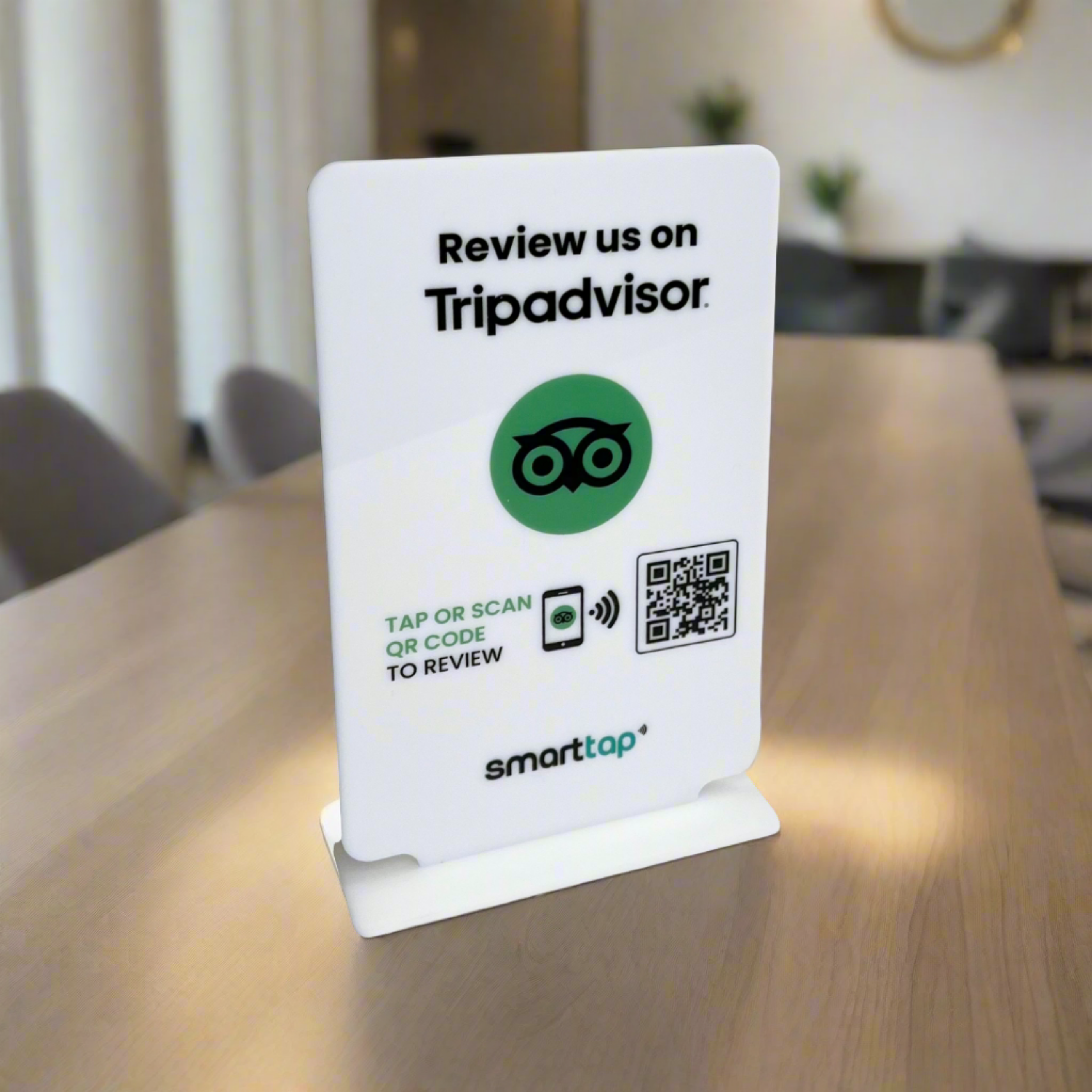 Smart-Tap, Google Review Table Talker με NFC/QR Code, T-Shape χωρίς το λογότυπο σας. Μεγάλο σε άσπρο χρώμα.