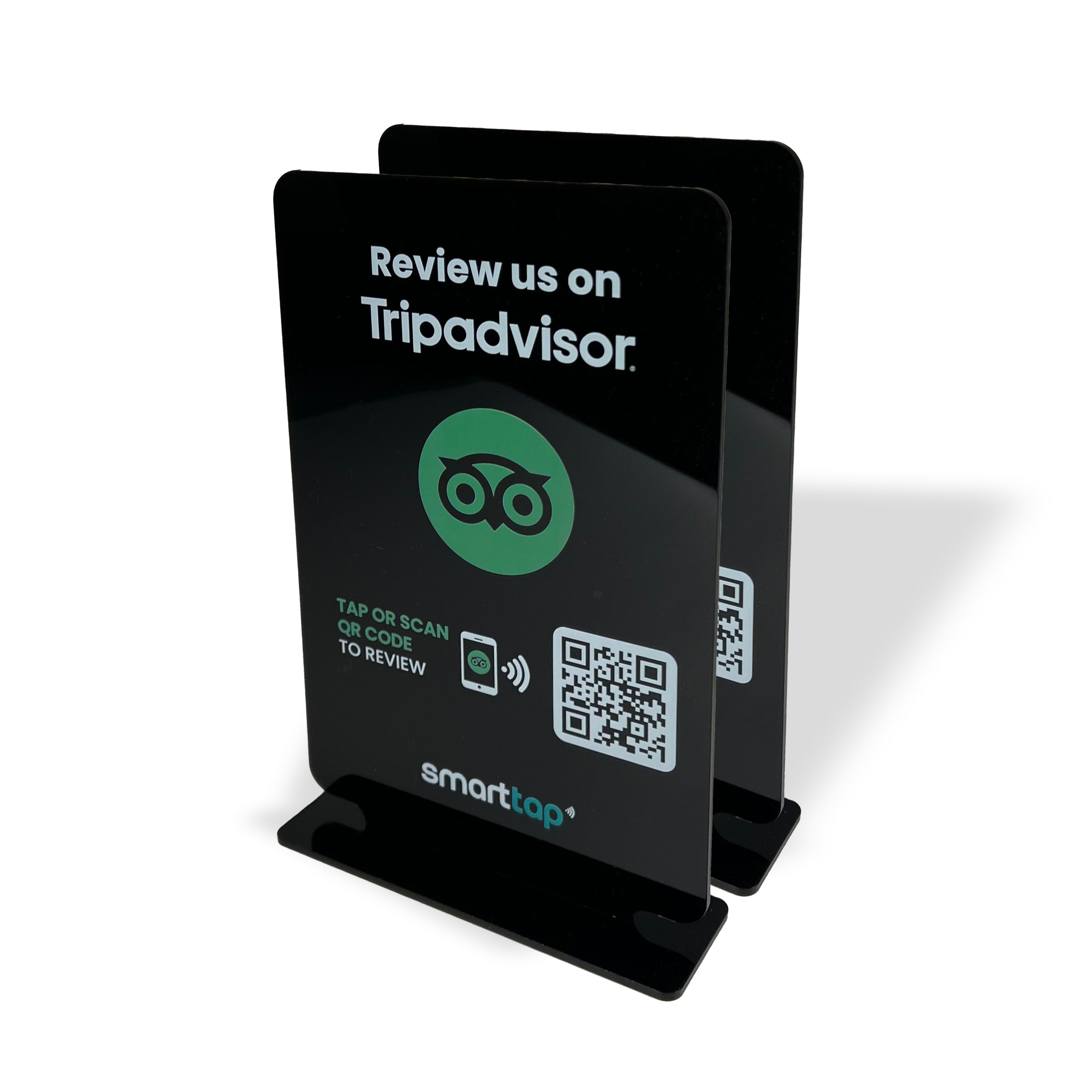 Smart-Tap, Google Review Table Talker με NFC/QR Code, T-Shape χωρίς το λογότυπο σας. Μεγάλο σε μαύρο χρώμα. Σετ 2 τεμαχίων