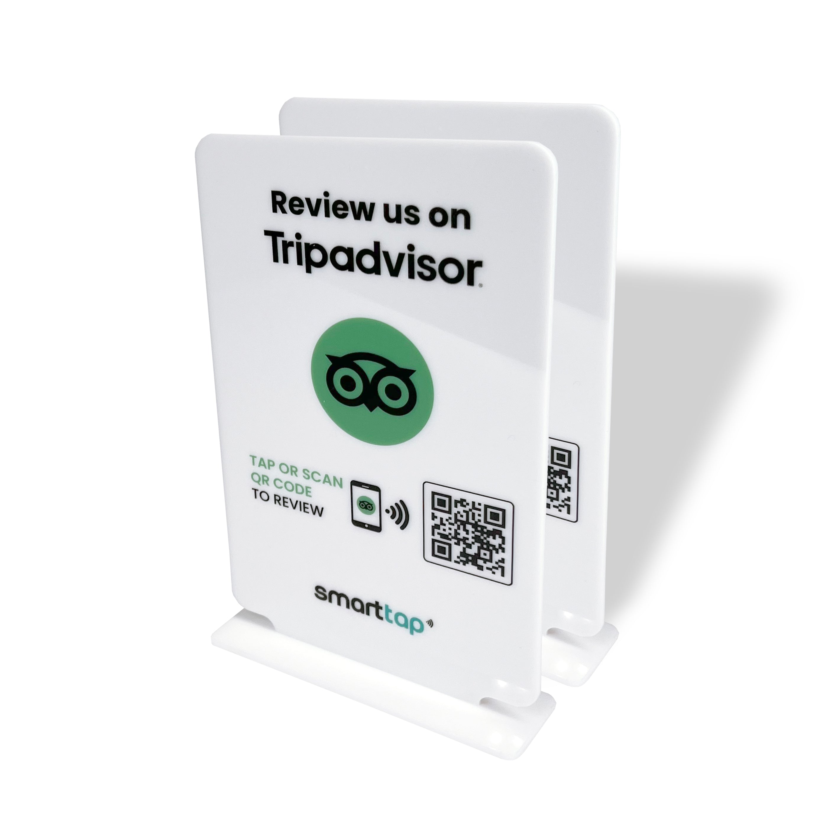 Smart-Tap, Google Review Table Talker με NFC/QR Code, T-Shape χωρίς το λογότυπο σας. Μεγάλο σε άσπρο χρώμα. Σετ 2 τεμαχίων