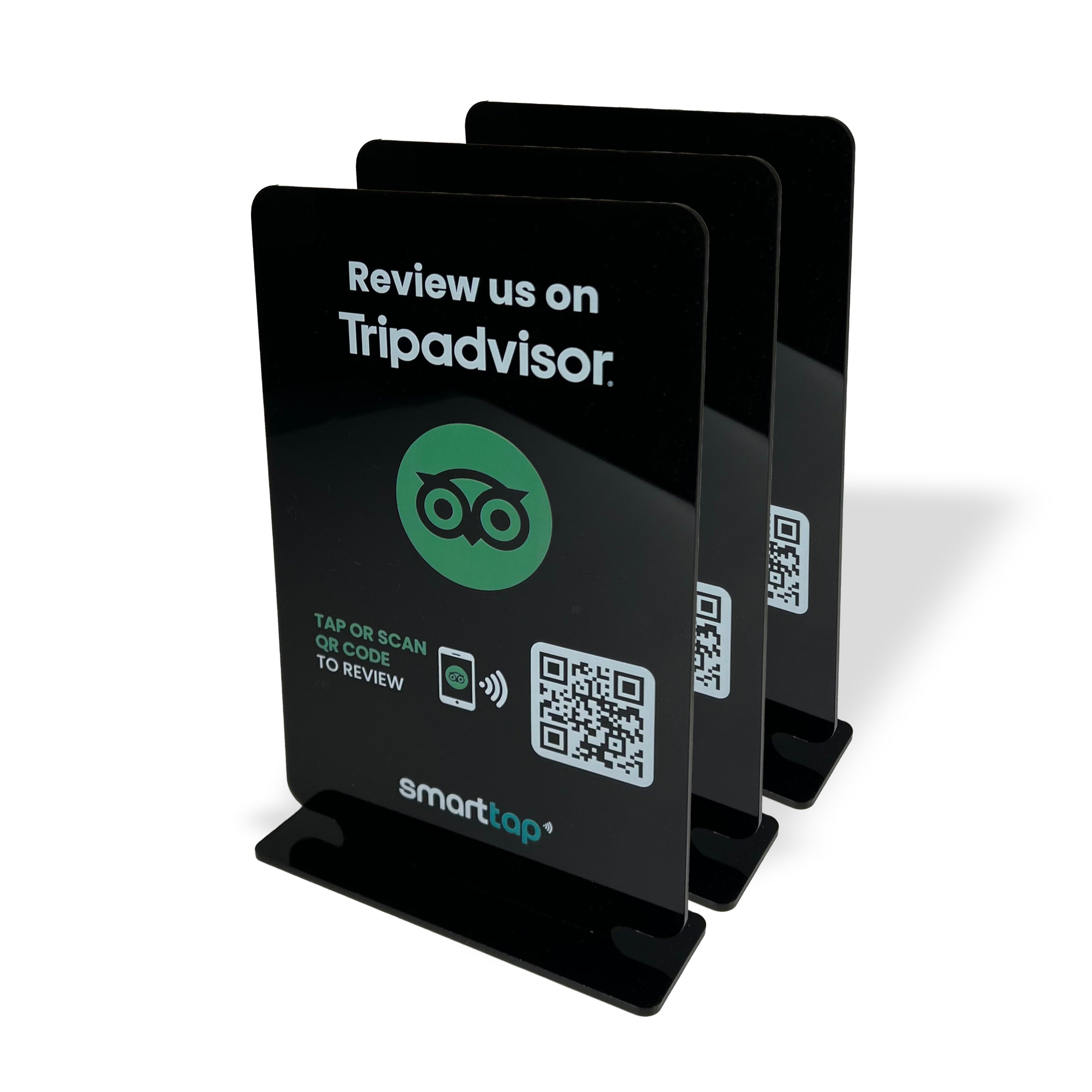 Smart-Tap, Google Review Table Talker με NFC/QR Code, T-Shape χωρίς το λογότυπο σας. Μεγάλο σε μαύρο χρώμα. Σετ 3 τεμαχίων