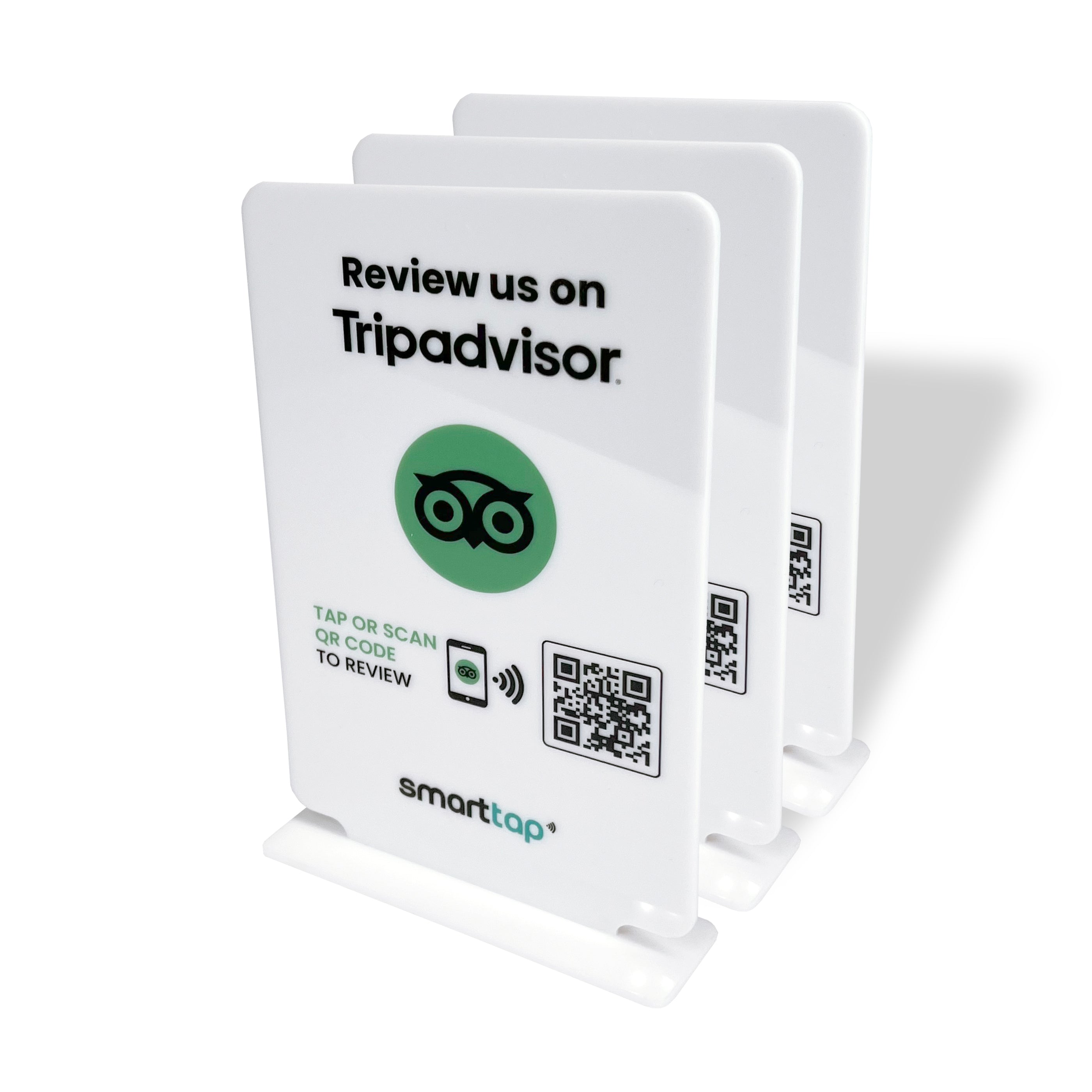 Smart-Tap, Google Review Table Talker με NFC/QR Code, T-Shape χωρίς το λογότυπο σας. Μεγάλο σε άσπρο χρώμα. Σετ 3 τεμαχίων