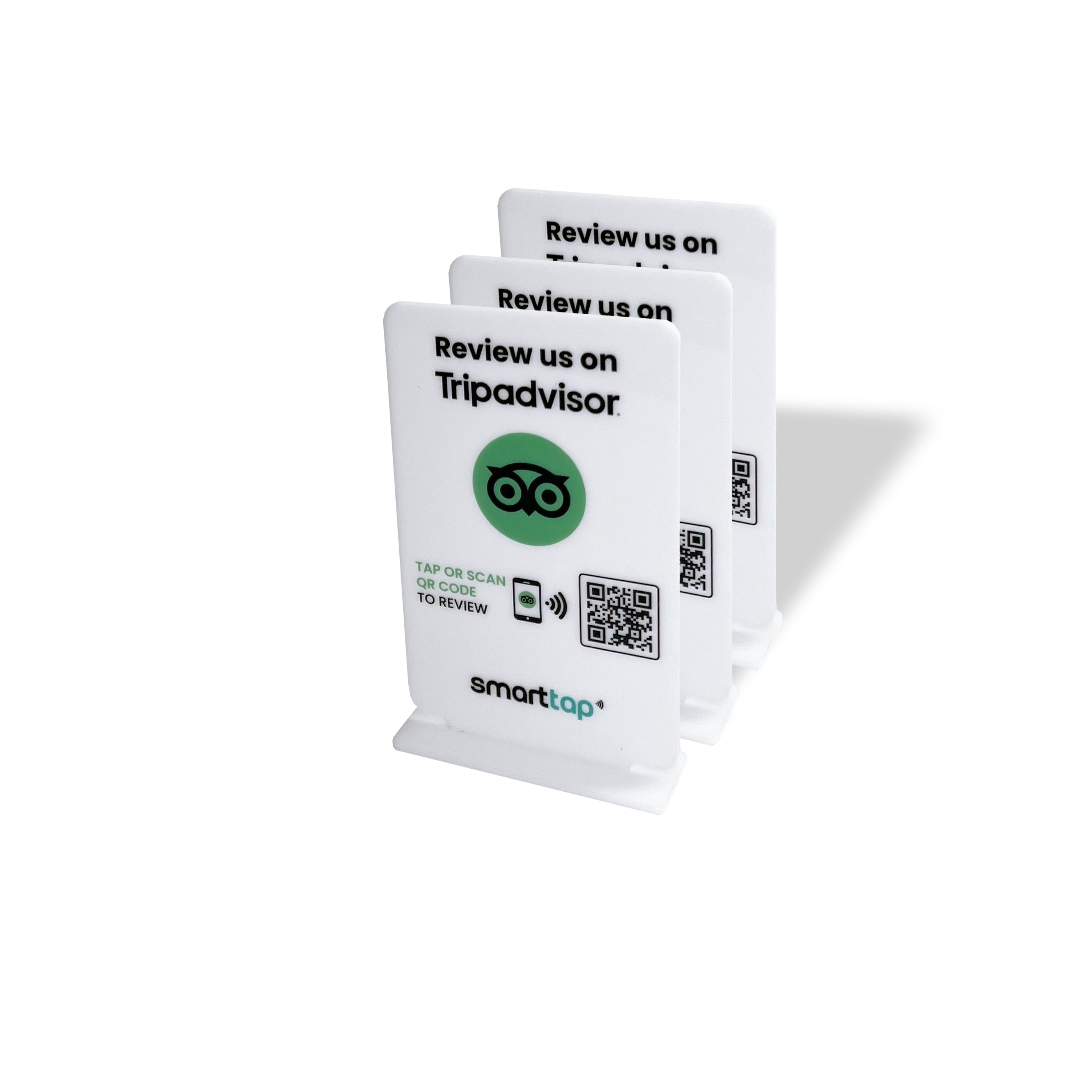 Smart-Tap, Google Review Table Talker με NFC/QR Code, T-Shape χωρίς το λογότυπο σας. Μικρό σε άσπρο χρώμα. Σετ 3 τεμαχίων