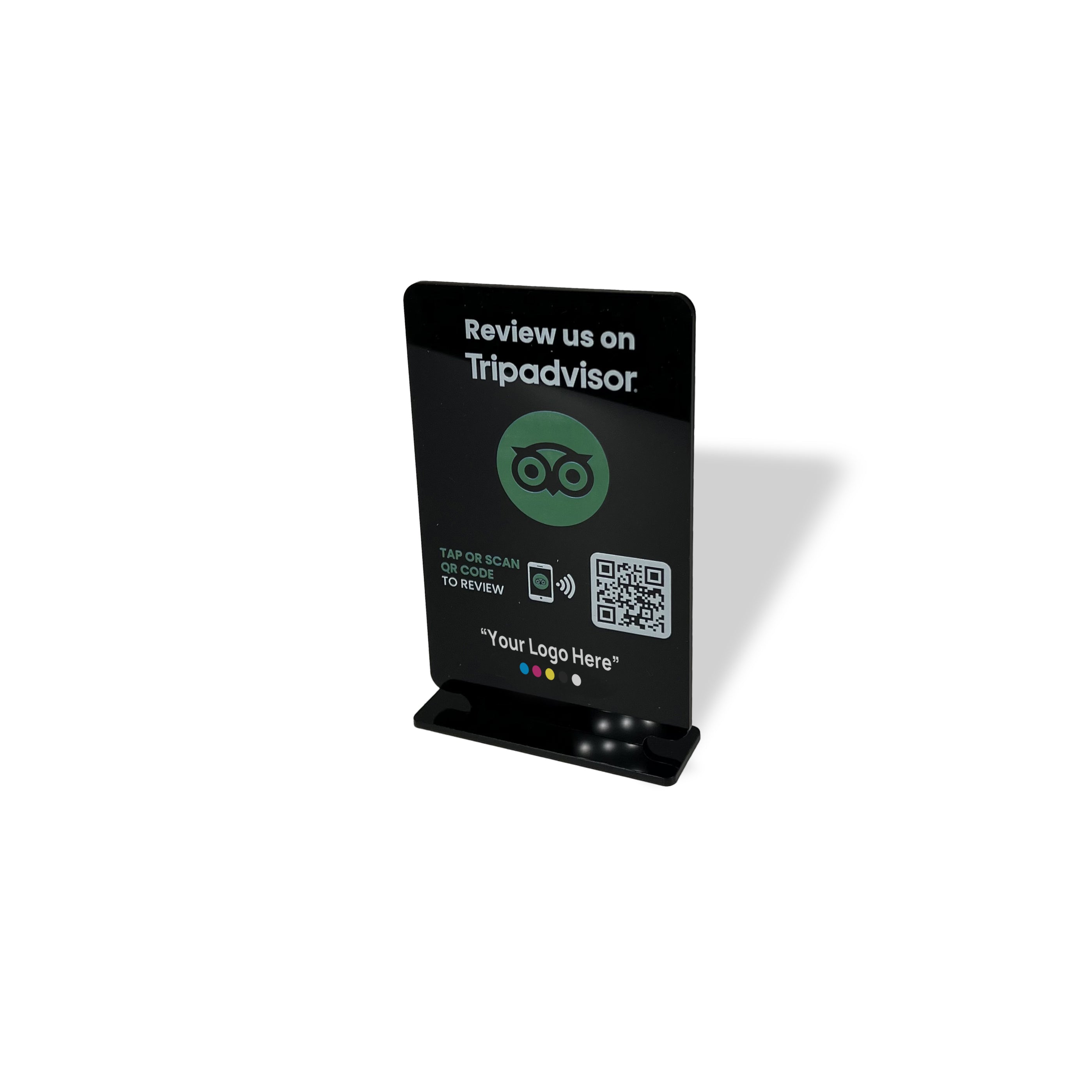 Smart-Tap, Google Review Table Talker με NFC/QR Code, T-Shape με το λογότυπο σας. Μικρό σε μαύρο χρώμα.