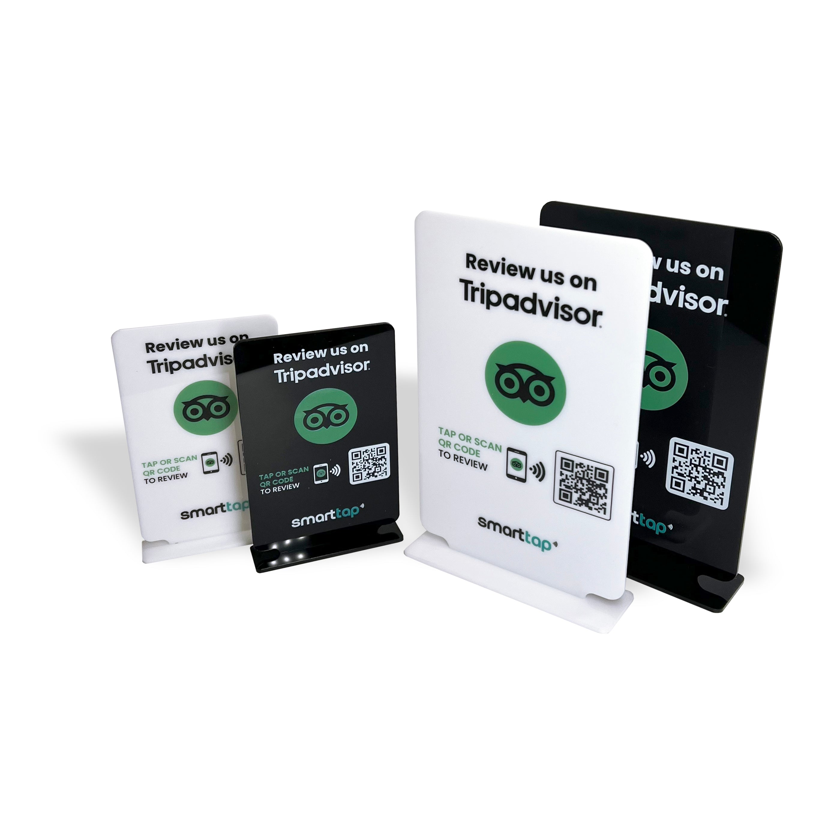 Smart-Tap, Google Review Table Talker με NFC/QR Code, T-Shape χωρίς το λογότυπο σας. Μικρό και μεγάλο. Άσπρο και μαύρο