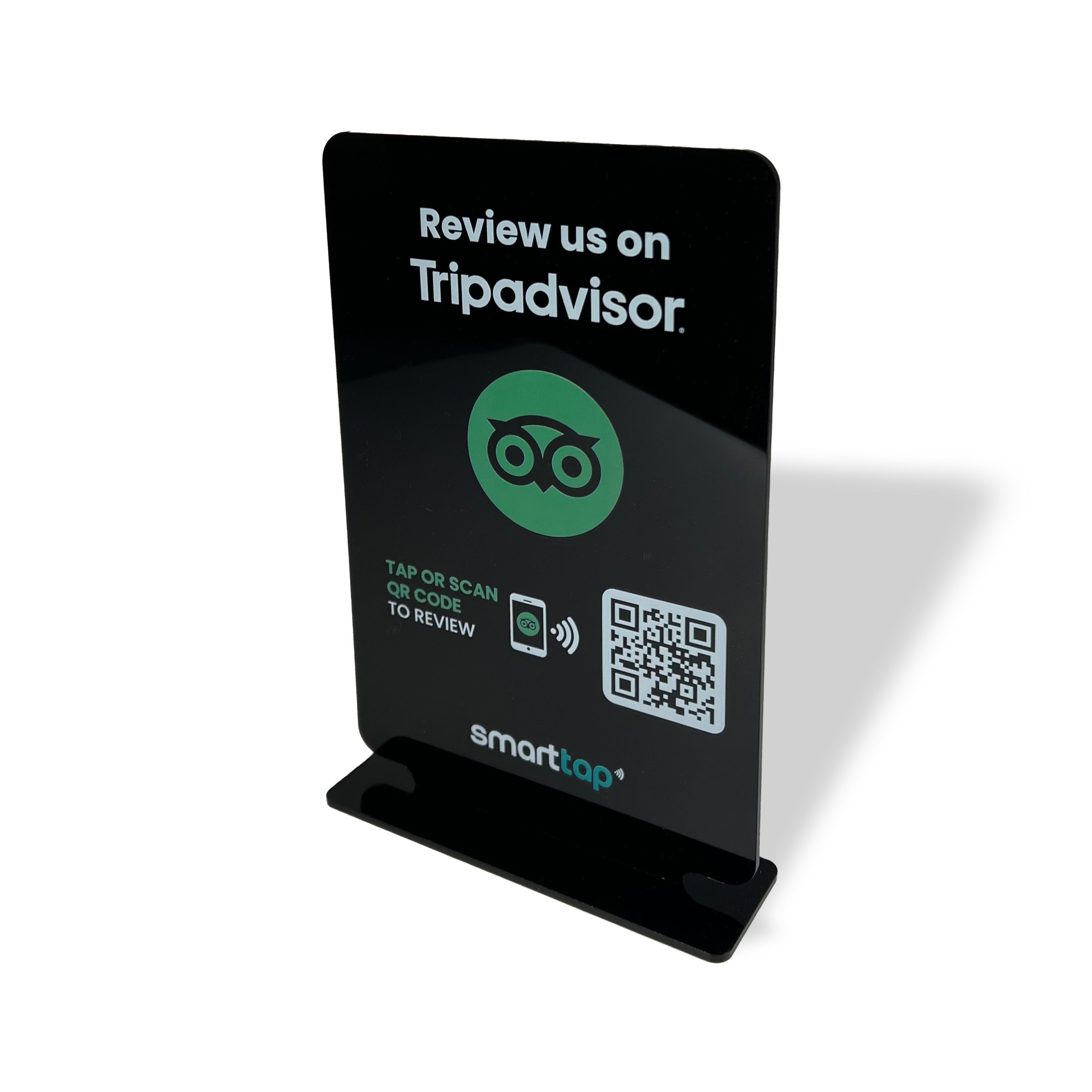 Smart-Tap, Google Review Table Talker με NFC/QR Code, T-Shape χωρίς το λογότυπο σας. Μεγάλο σε μαύρο χρώμα.