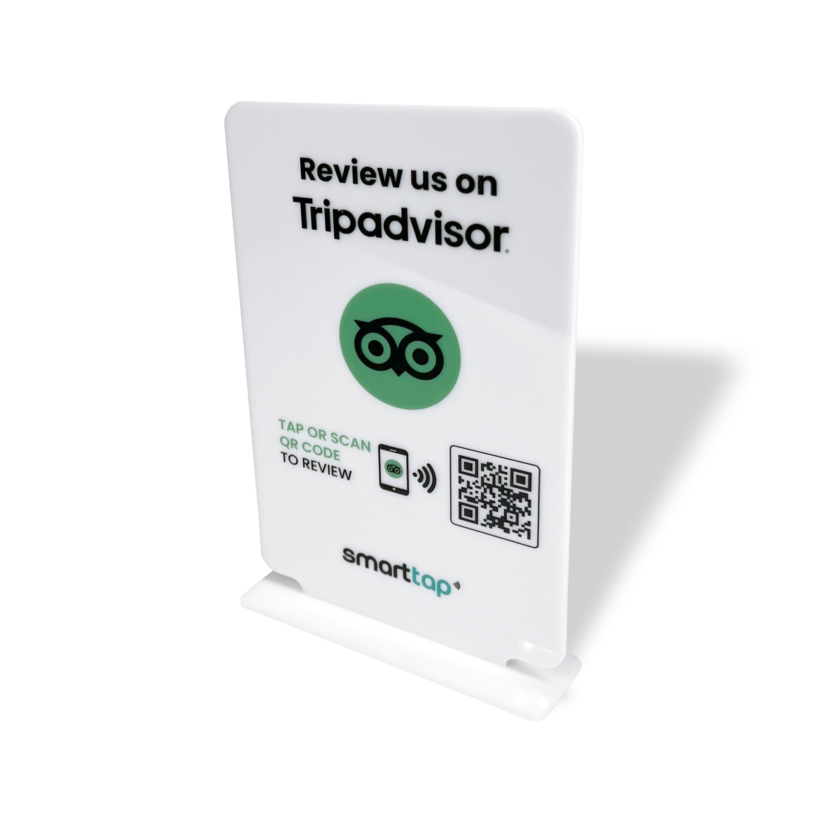 Smart-Tap, Google Review Table Talker με NFC/QR Code, T-Shape χωρίς το λογότυπο σας. Μεγάλο σε άσπρο χρώμα.