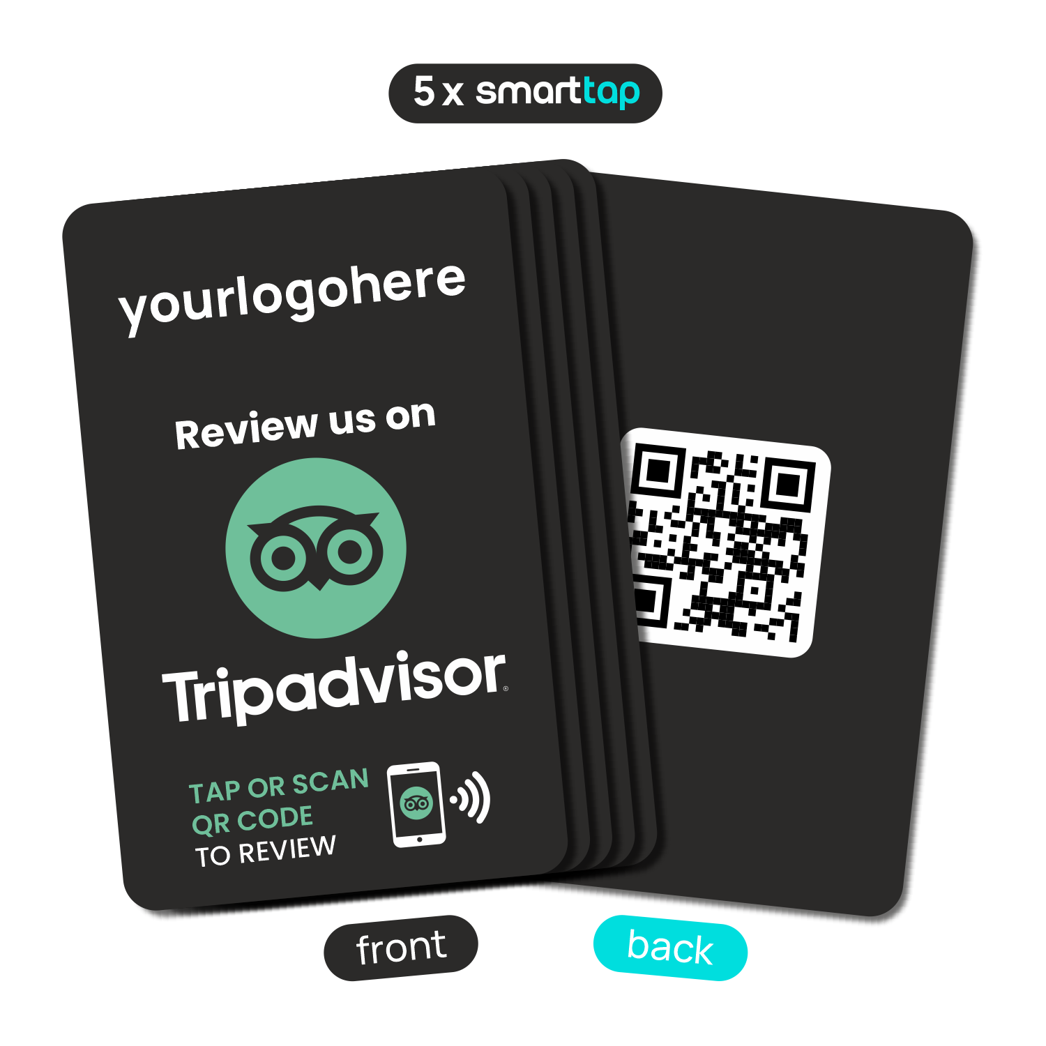 Smart-Tap, TripAdvisor Review PVC κάρτα με NFC/QR Code, μαύρη, με το λογότυπό σας. Σετ 5 τεμαχίων