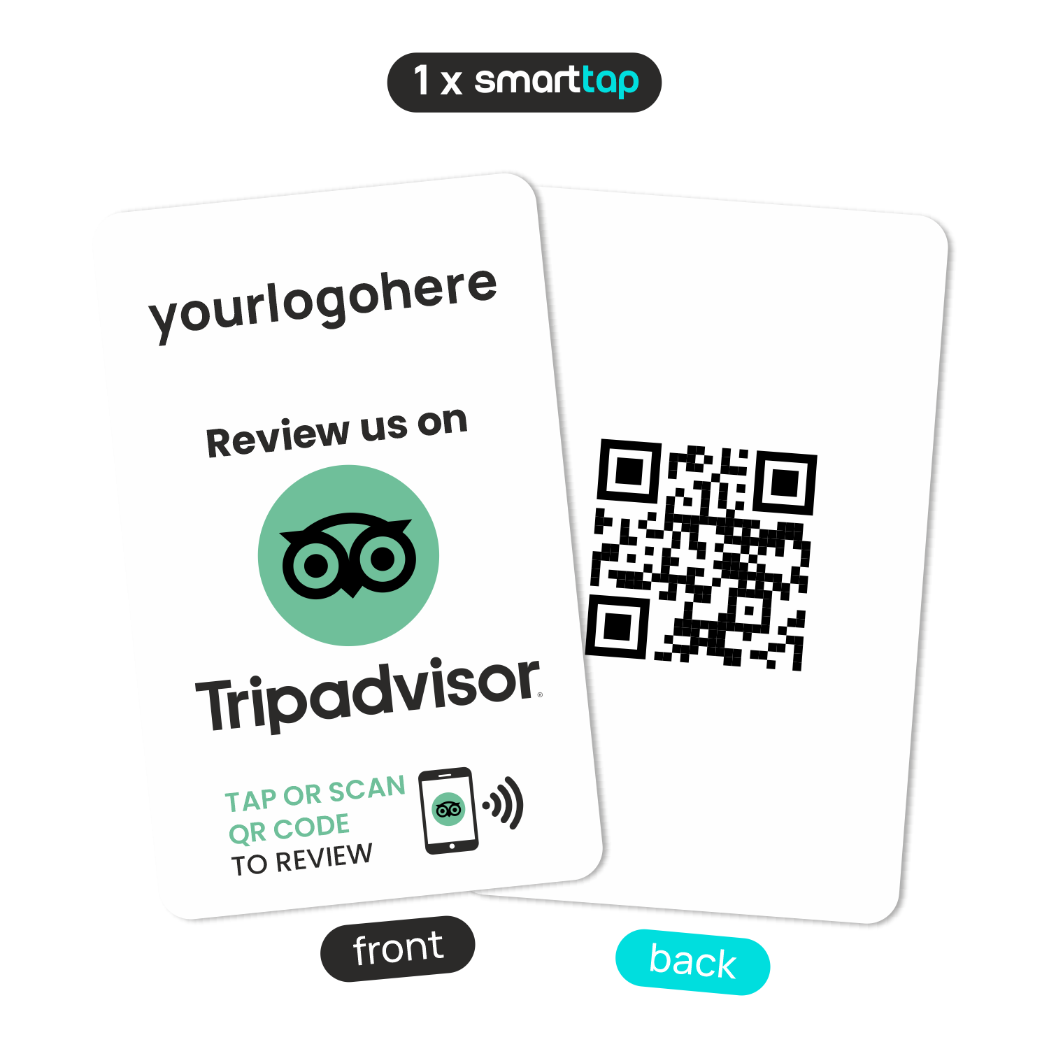 Smart-Tap, TripAdvisor Review PVC κάρτα με NFC/QR Code, λευκή, με το λογότυπό σας.