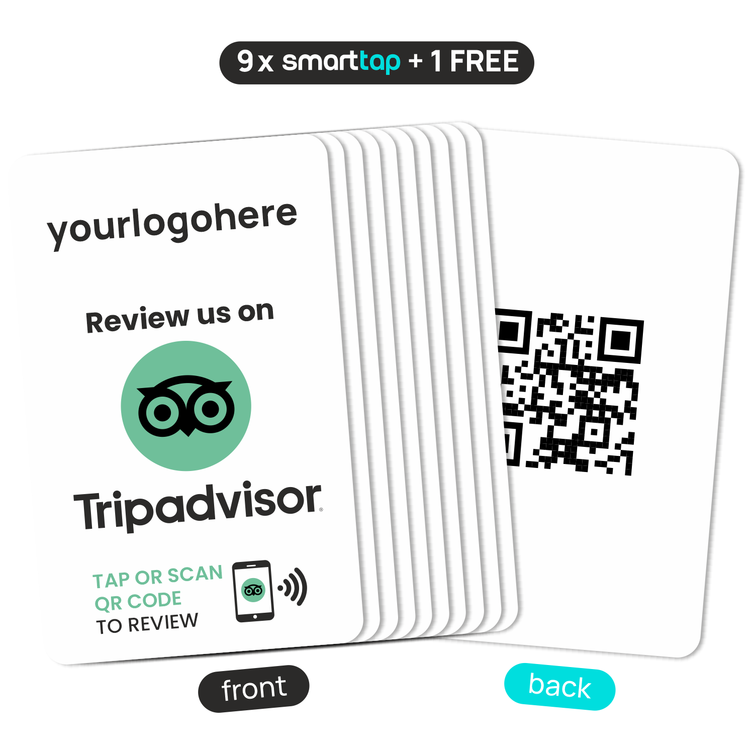 Smart-Tap, TripAdvisor Review PVC κάρτα με NFC/QR Code, λευκή, με το λογότυπό σας. Σετ 9 τεμαχίων +1 δώρο
