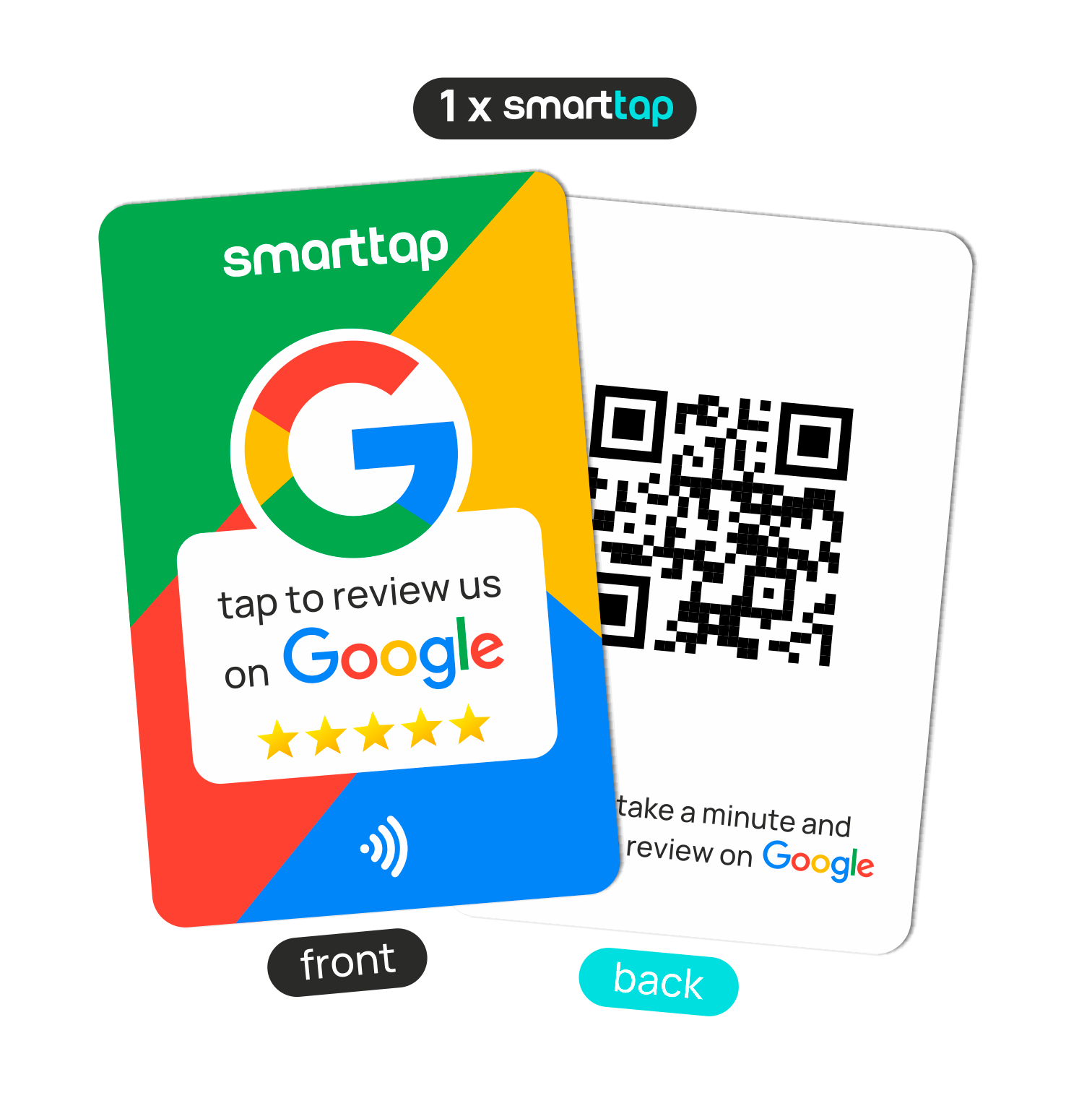 Smart-Tap, Google Review PVC κάρτα με NFC/QR Code, πολύχρωμη, χωρίς το λογότυπό σας.