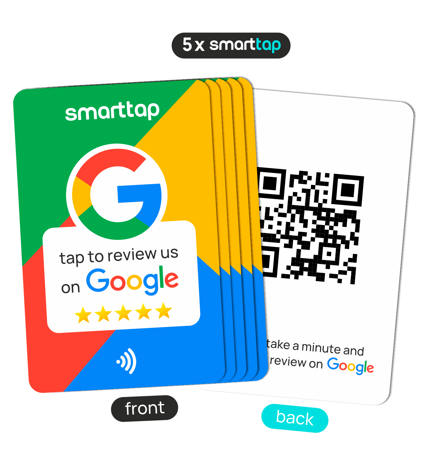 Smart-Tap, Google Review PVC κάρτα με NFC/QR Code, πολύχρωμη, χωρίς το λογότυπό σας. Σετ 5 τεμαχίων