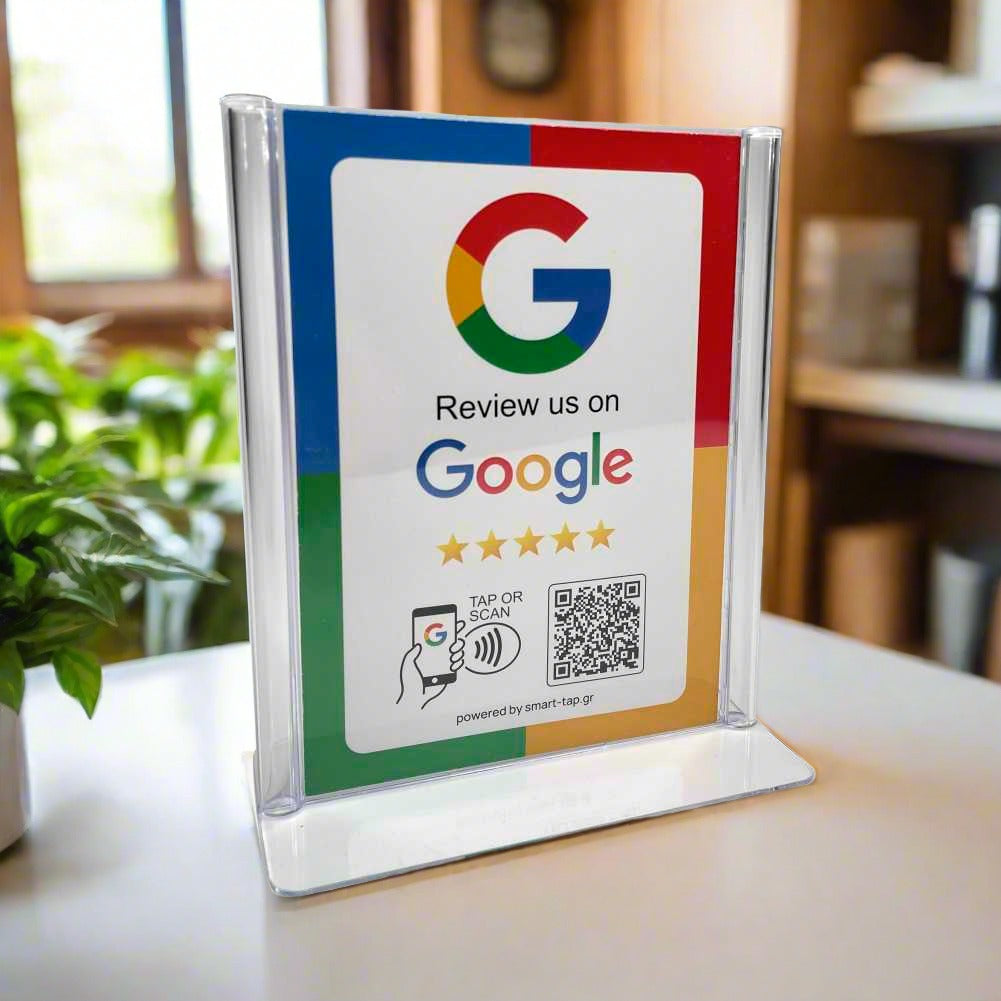 Smart-Tap, Google Review Table Talker με NFC/QR Code, L-Shape σε θήκη plexiglass A6 χωρίς το λογότυπο σας.
