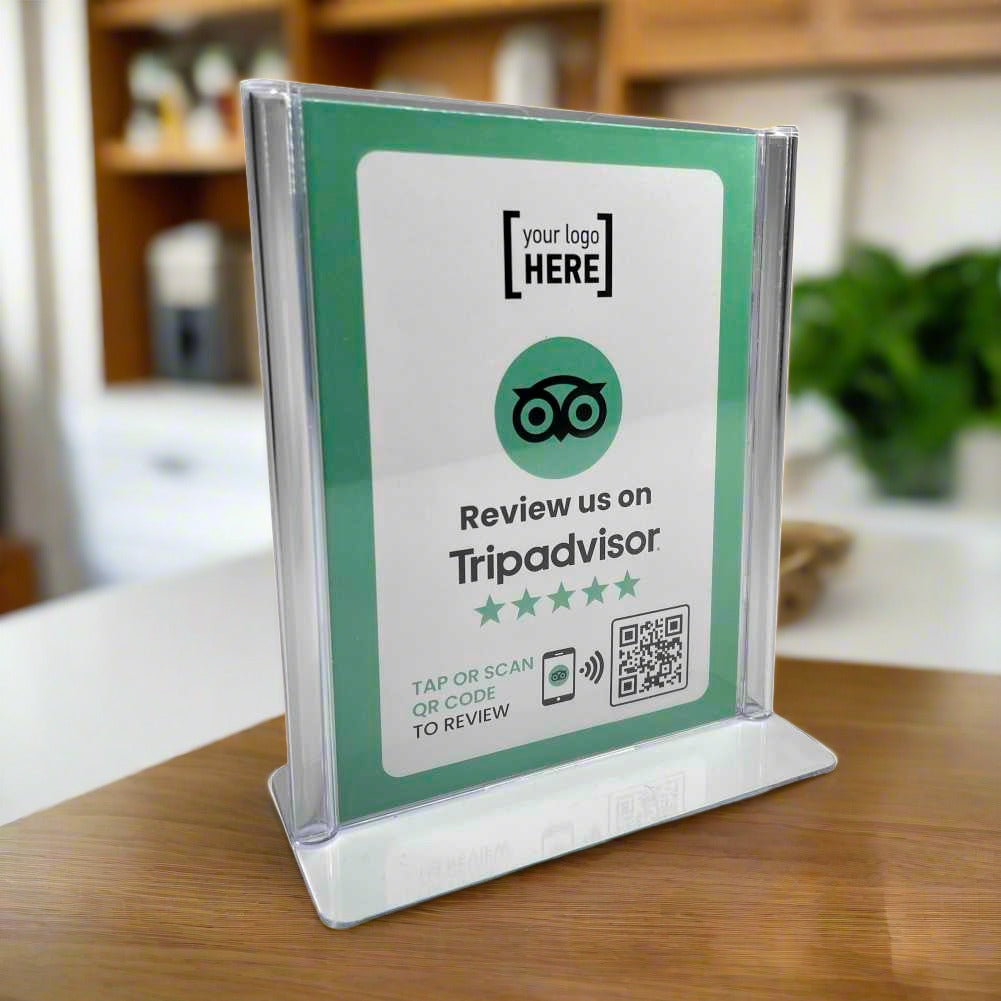 Smart-Tap, Tripadvisor Review Table Talker με NFC/QR Code, L-Shape σε θήκη plexiglass A6 με το λογότυπο σας.