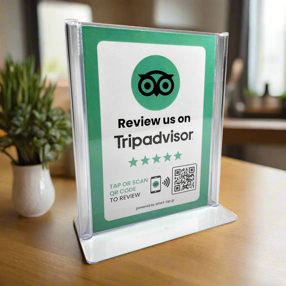Smart-Tap, Tripadvisor Review Table Talker με NFC/QR Code, L-Shape σε θήκη plexiglass A6 χωρίς το λογότυπο σας.