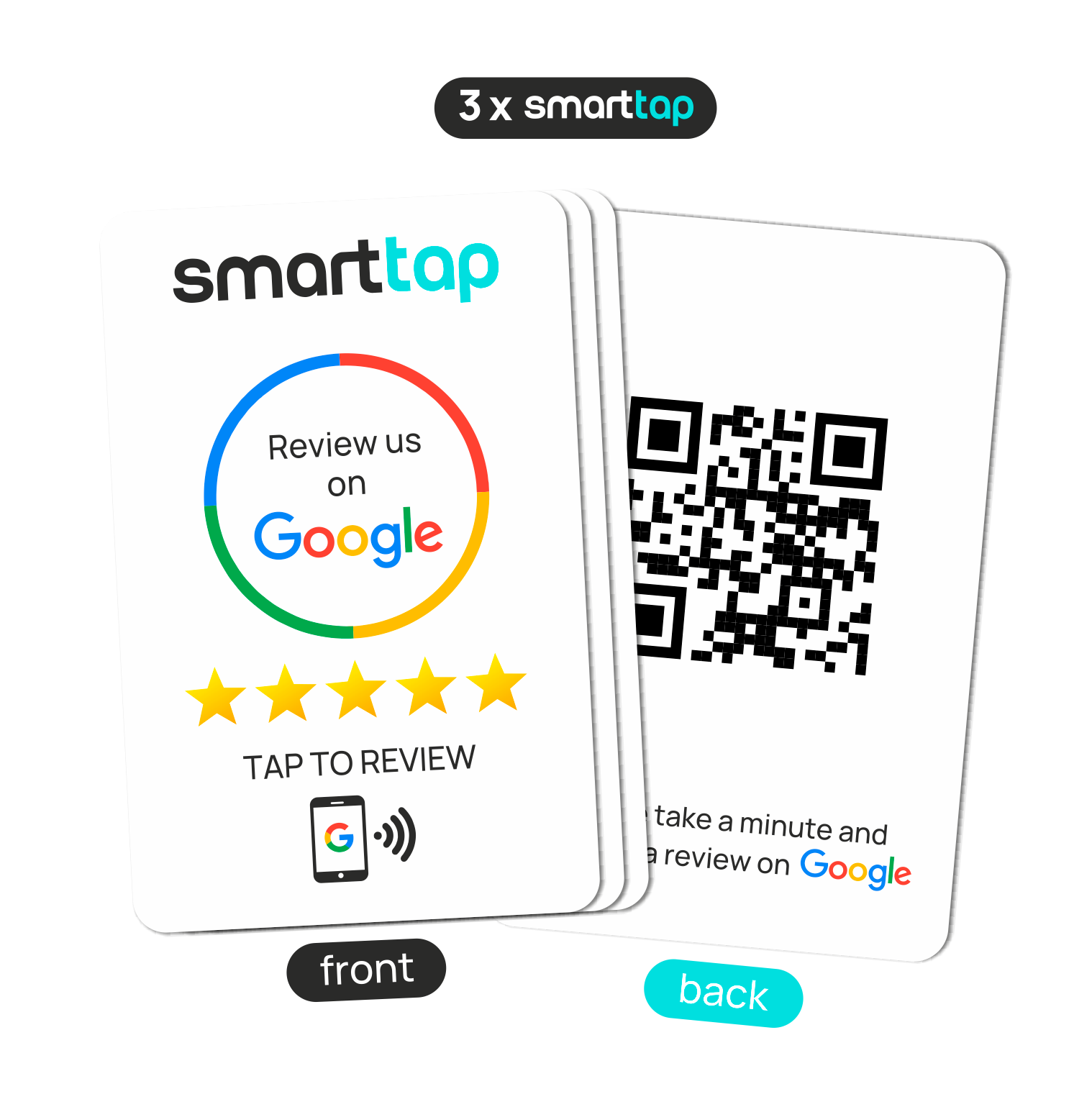 Smart-Tap, Google Review PVC κάρτα με NFC/QR Code, λευκή, χωρίς το λογότυπό σας. Σετ 3 τεμαχίων