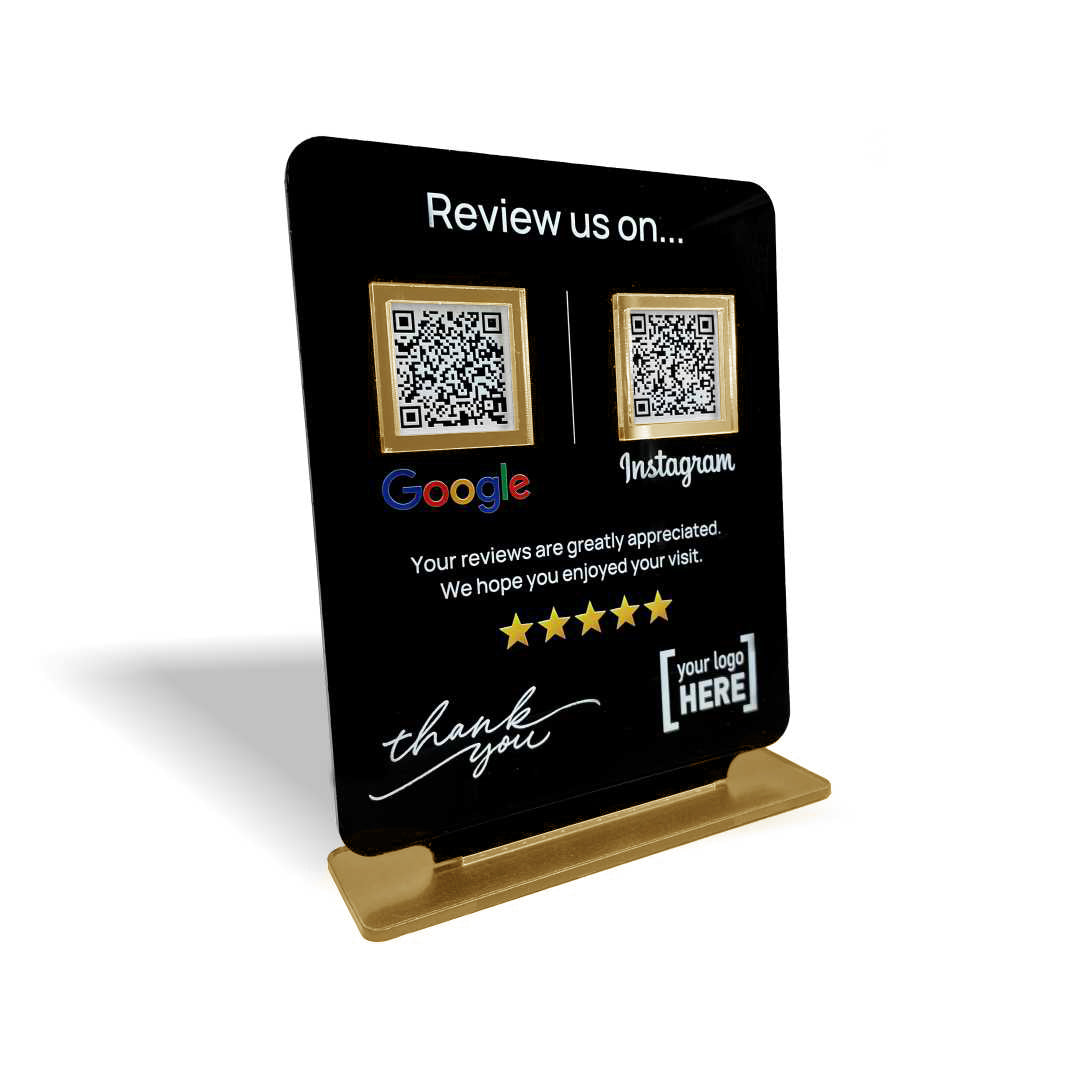 Smart-Tap, Google Review Table Talker 2-Links με NFC/QR Code, T-Shape με το λογότυπό σας. Μαύρο με χρυσά διακοσμητικά