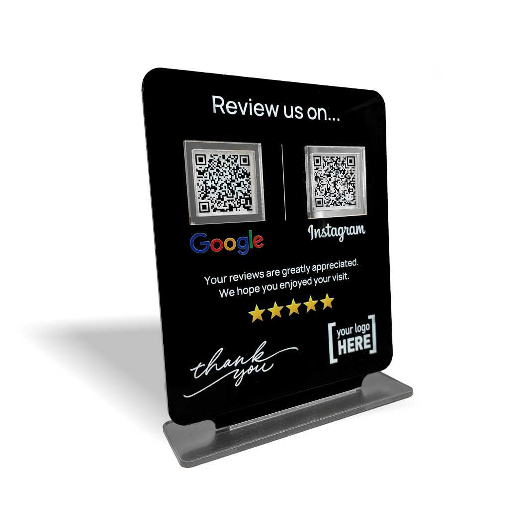Smart-Tap, Google Review Table Talker 2-Links με NFC/QR Code, T-Shape με το λογότυπό σας. Μαύρο με ασημένια διακοσμητικά