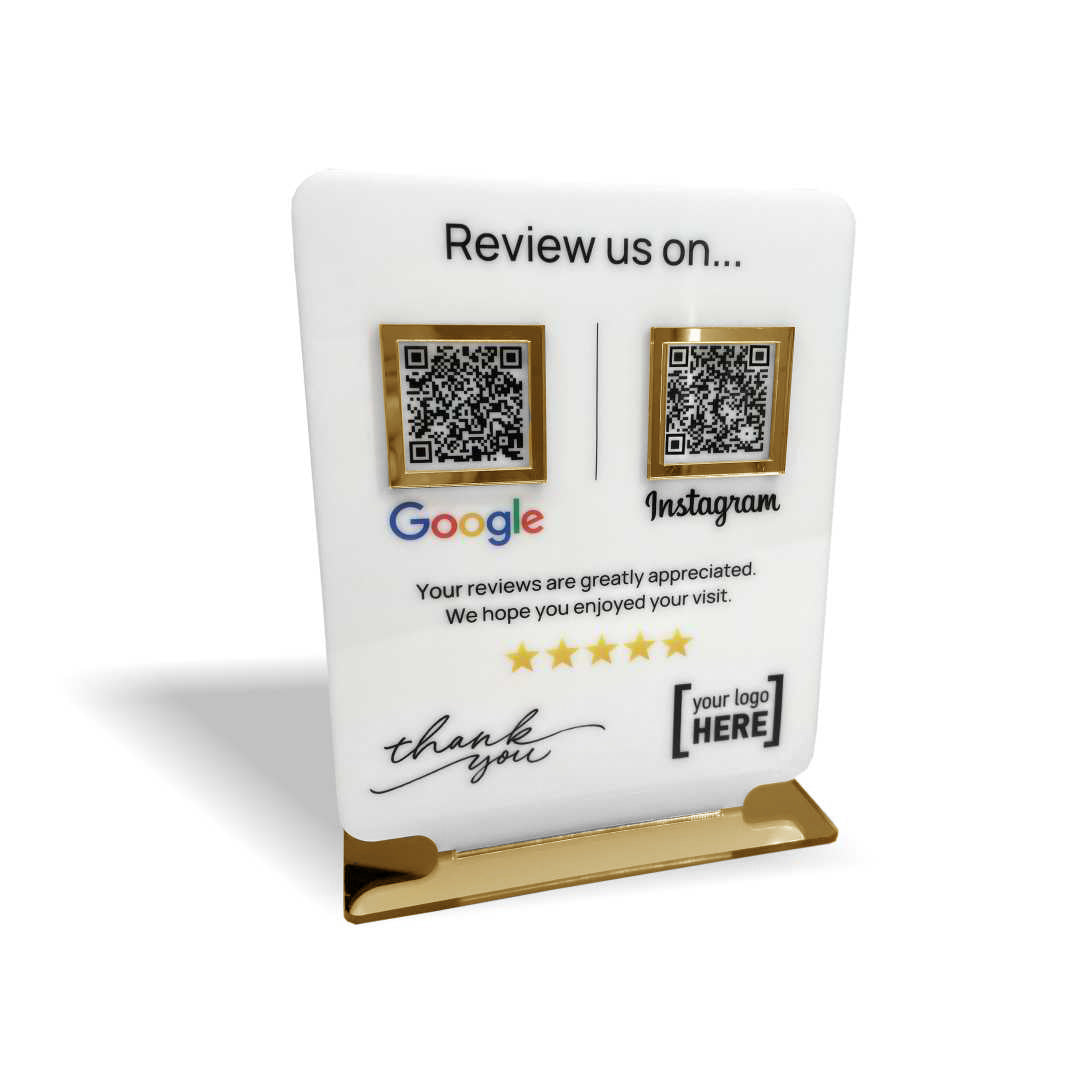 Smart-Tap, Google Review Table Talker 2-Links με NFC/QR Code, T-Shape με το λογότυπό σας. Άσπρο με χρυσιά διακοσμητικά