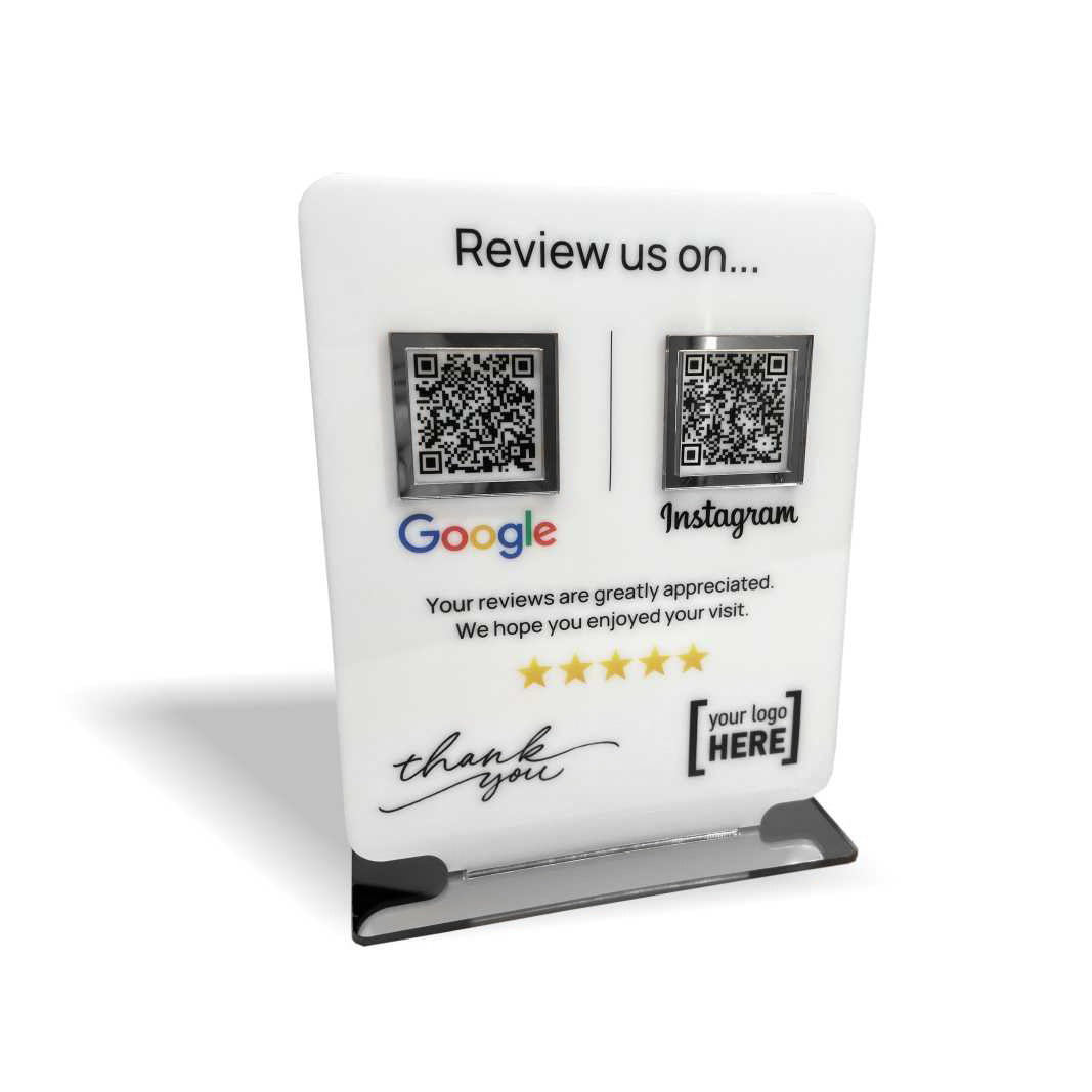 Smart-Tap, Google Review Table Talker 2-Links με NFC/QR Code, T-Shape με το λογότυπό σας. Άσπρο με ασημένια διακοσμητικά