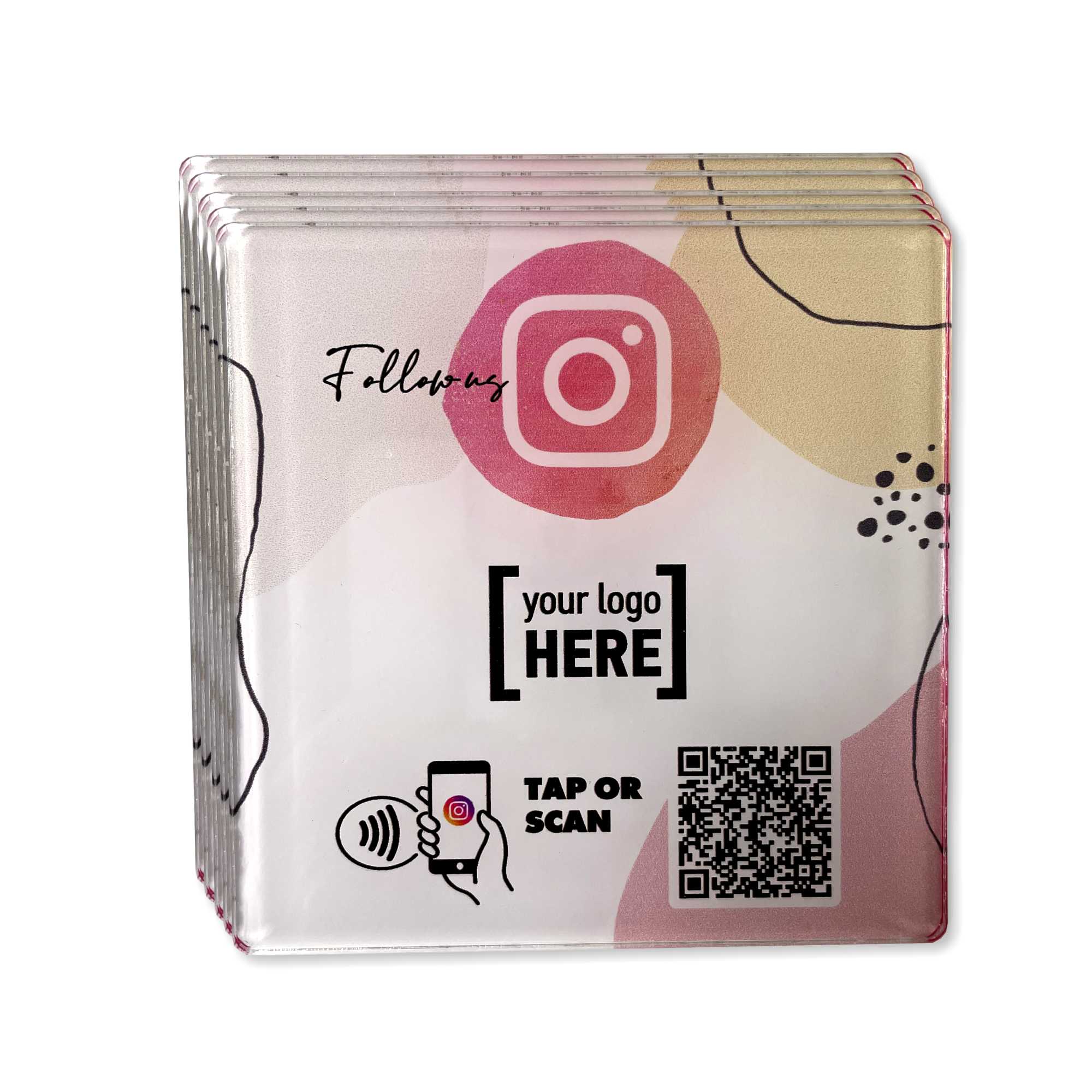Smart-Tap, Instagram table Coaster με NFC/QR Code με το λογότυπο σας. Σχέδιο 2. Σετ 5 τεμαχίων