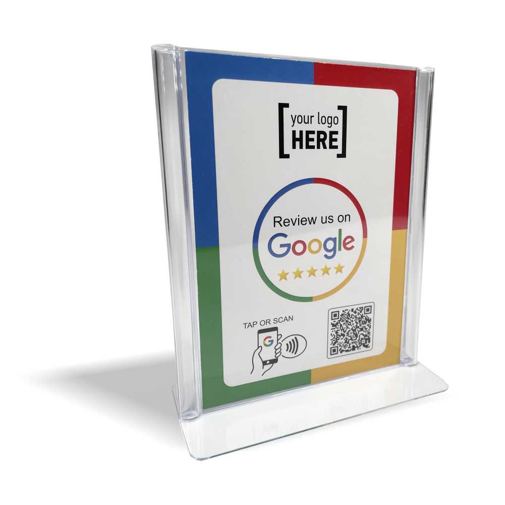 Smart-Tap, Google Review Table Talker με NFC/QR Code, L-Shape σε θήκη plexiglass A6 με το λογότυπο σας.