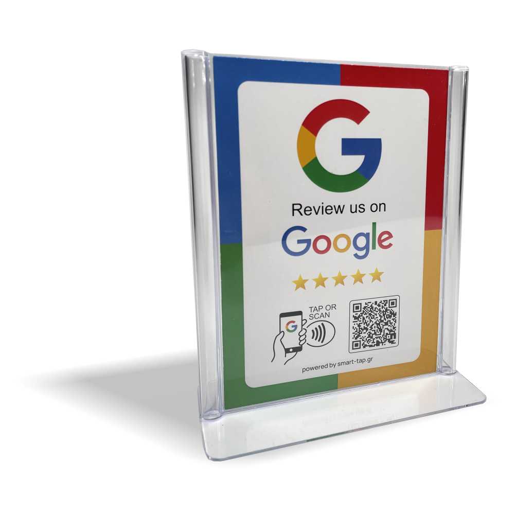 Smart-Tap, Google Review Table Talker με NFC/QR Code, L-Shape σε θήκη plexiglass A6 χωρίς το λογότυπο σας.