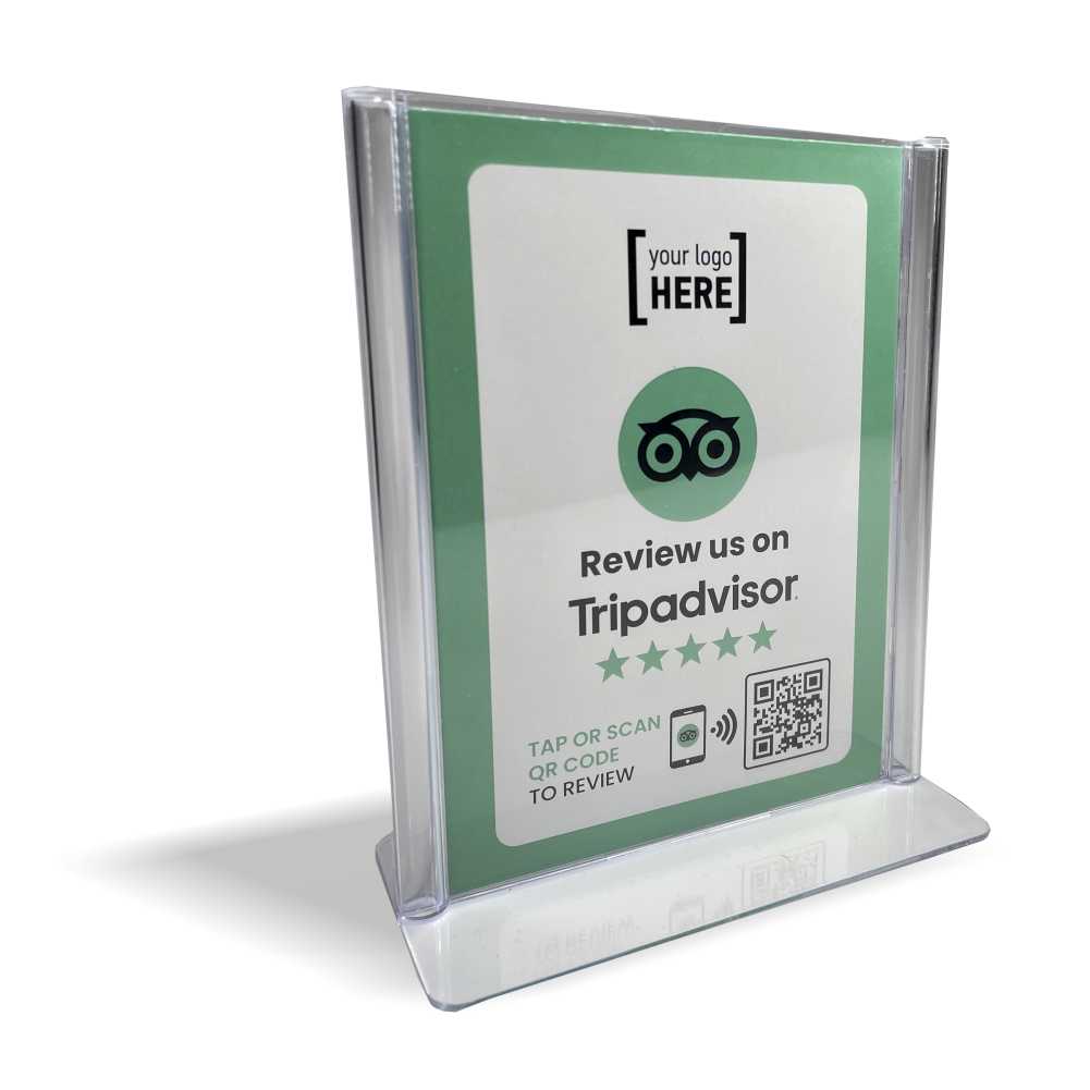 Smart-Tap, Tripadvisor Review Table Talker με NFC/QR Code, L-Shape σε θήκη plexiglass A6 με το λογότυπο σας.