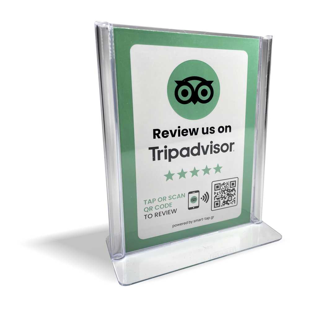 Smart-Tap, Tripadvisor Review Table Talker με NFC/QR Code, L-Shape σε θήκη plexiglass A6 χωρίς το λογότυπο σας.