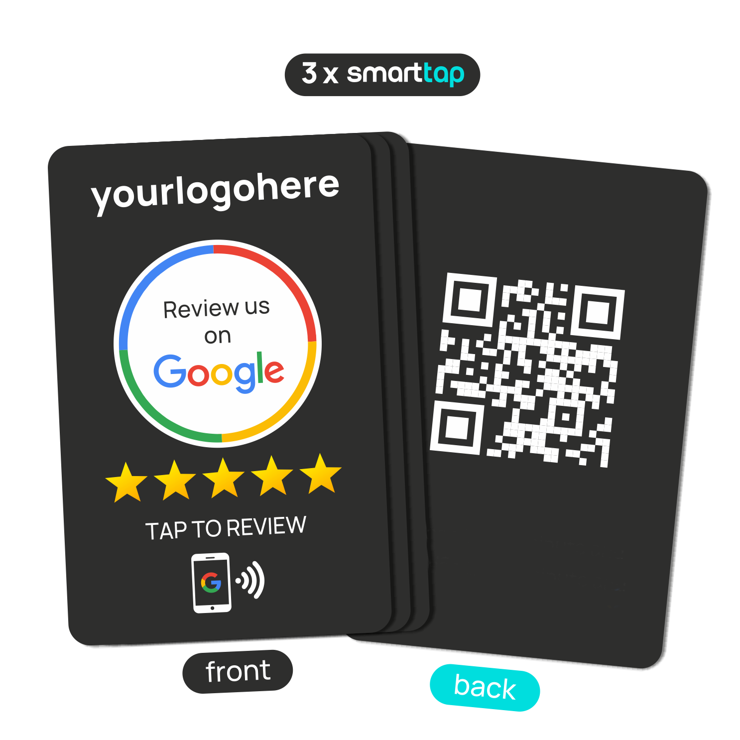 Smart-Tap, Google Review PVC κάρτα με NFC/QR Code, μαύρη, με το λογότυπό σας. Σετ 3 τεμαχίων
