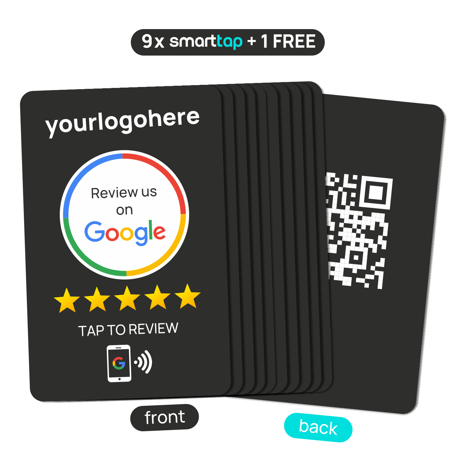 Smart-Tap, Google Review PVC κάρτα με NFC/QR Code, μαύρη, με το λογότυπό σας. Σετ 9 τεμαχίων +1 δώρο