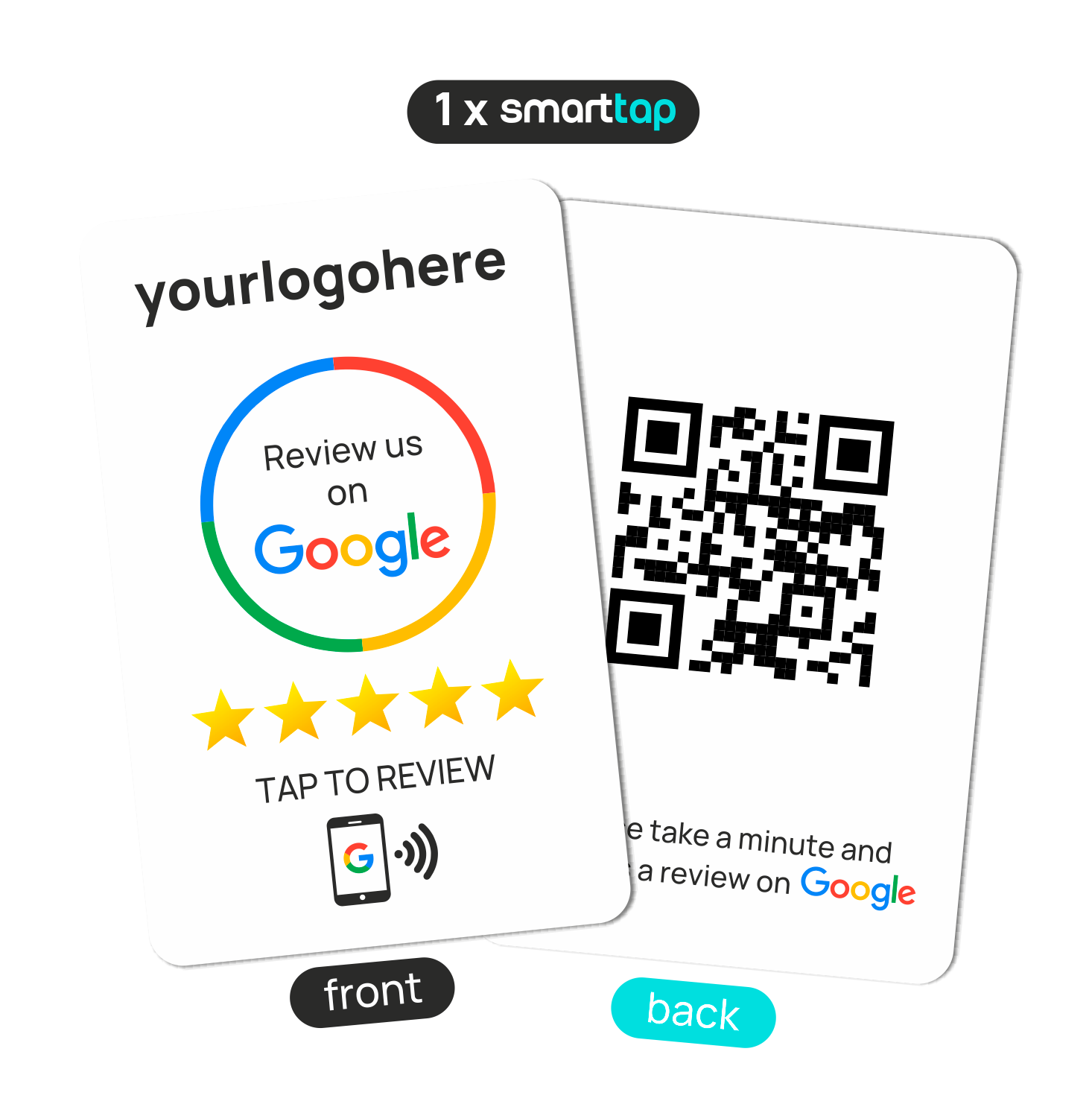 Smart-Tap, Google Review PVC κάρτα με NFC/QR Code, λευκή, με το λογότυπό σας.