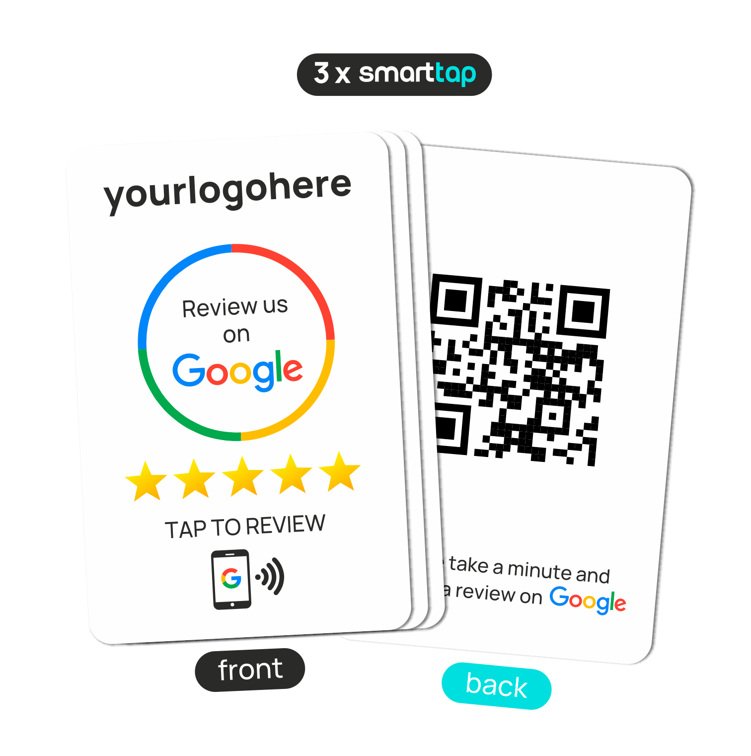 Smart-Tap, Google Review PVC κάρτα με NFC/QR Code, λευκή, με το λογότυπό σας. Σετ 3 τεμαχίων