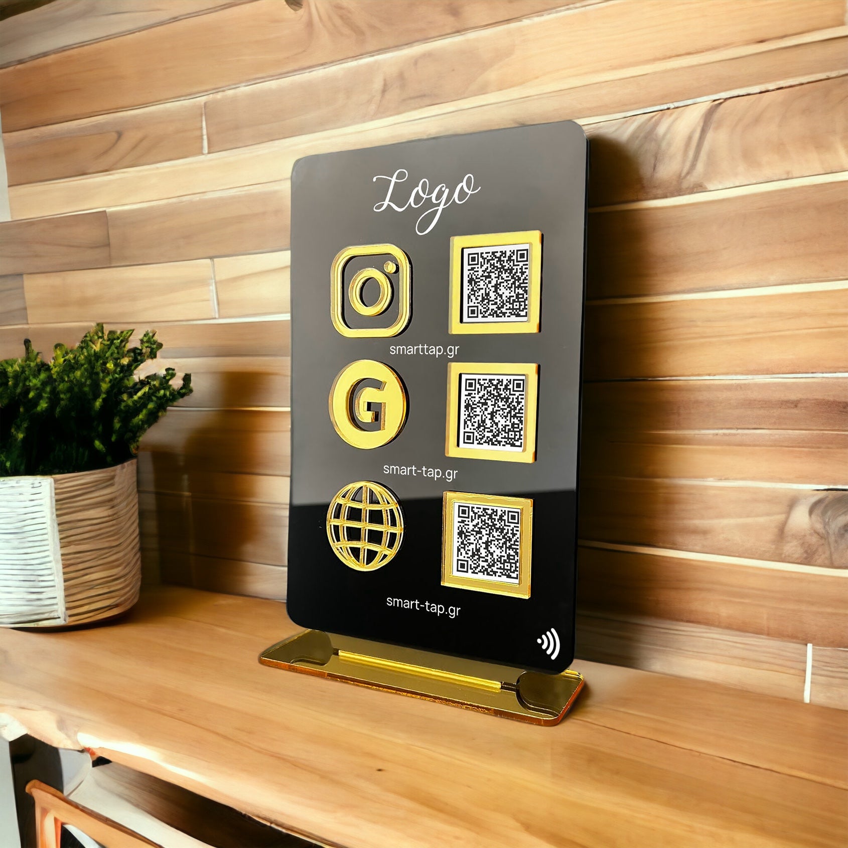 Smart-Tap, Google Review Table Talker 3-Links με NFC/QR Code, T-Shape Big με το λογότυπό σας. Μαύρο με χρυσά διακοσμητικά