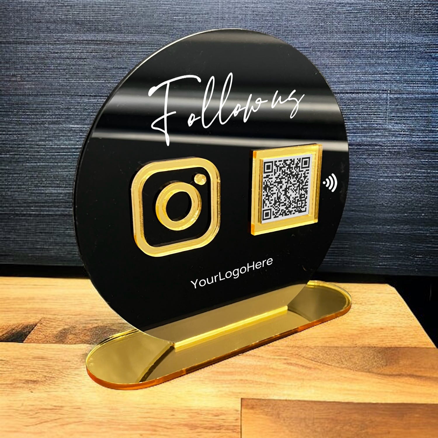 Smart-Tap, Google Review Table Talker με NFC/QR Code, O-Shape με το λογότυπό σας. Μαύρη πλάτη με χρυσά διακοσμητικά