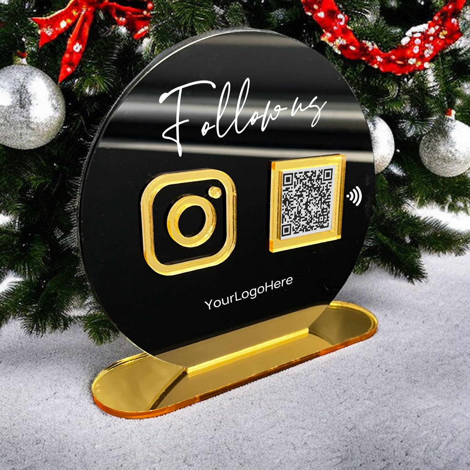 Smart-Tap, Google Review Table Talker με NFC/QR Code, O-Shape με το λογότυπό σας. Μαύρη πλάτη με χρυσά διακοσμητικά
